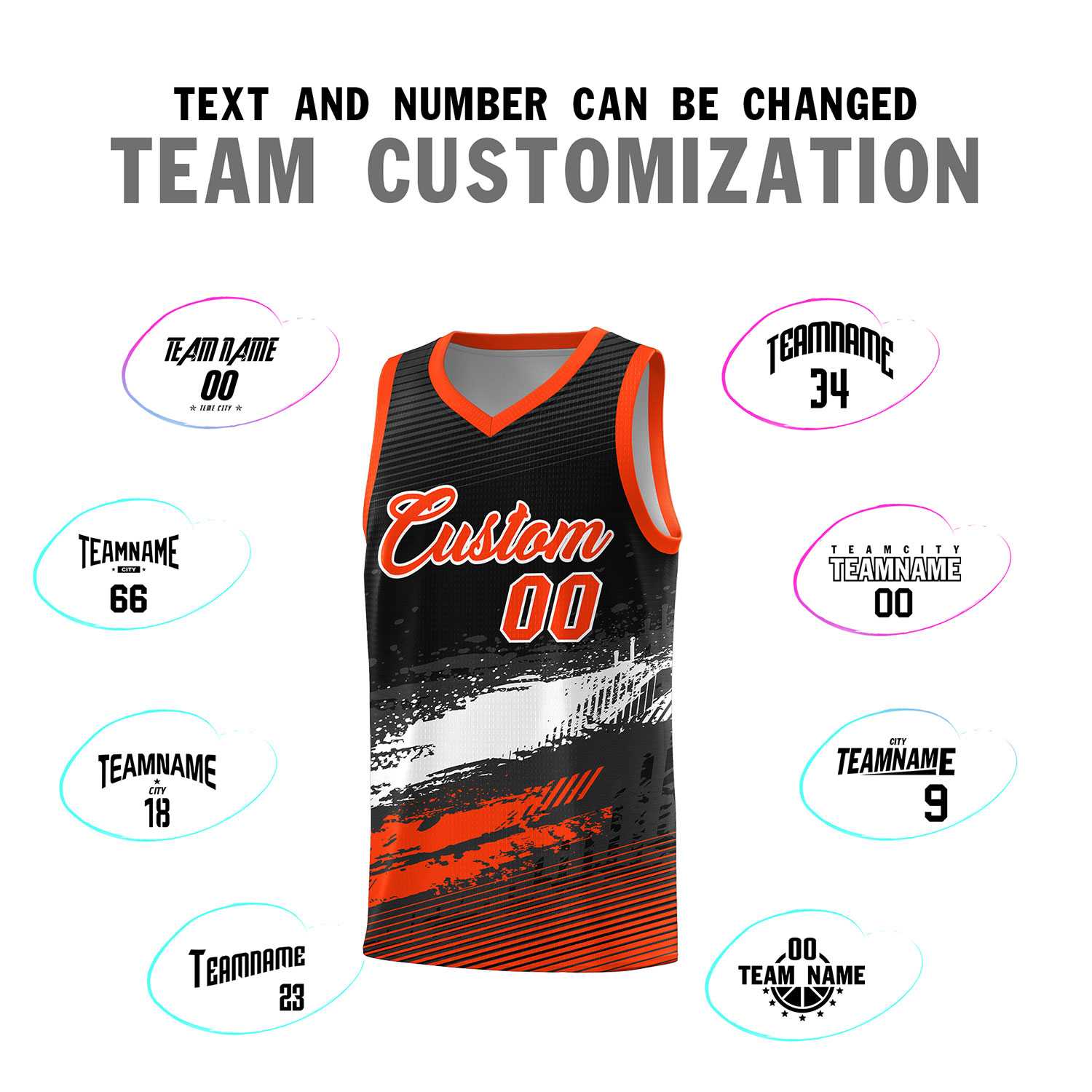 Custom Black White and Orange Graffiti Pattern Sports Uniform Basketball Jersey