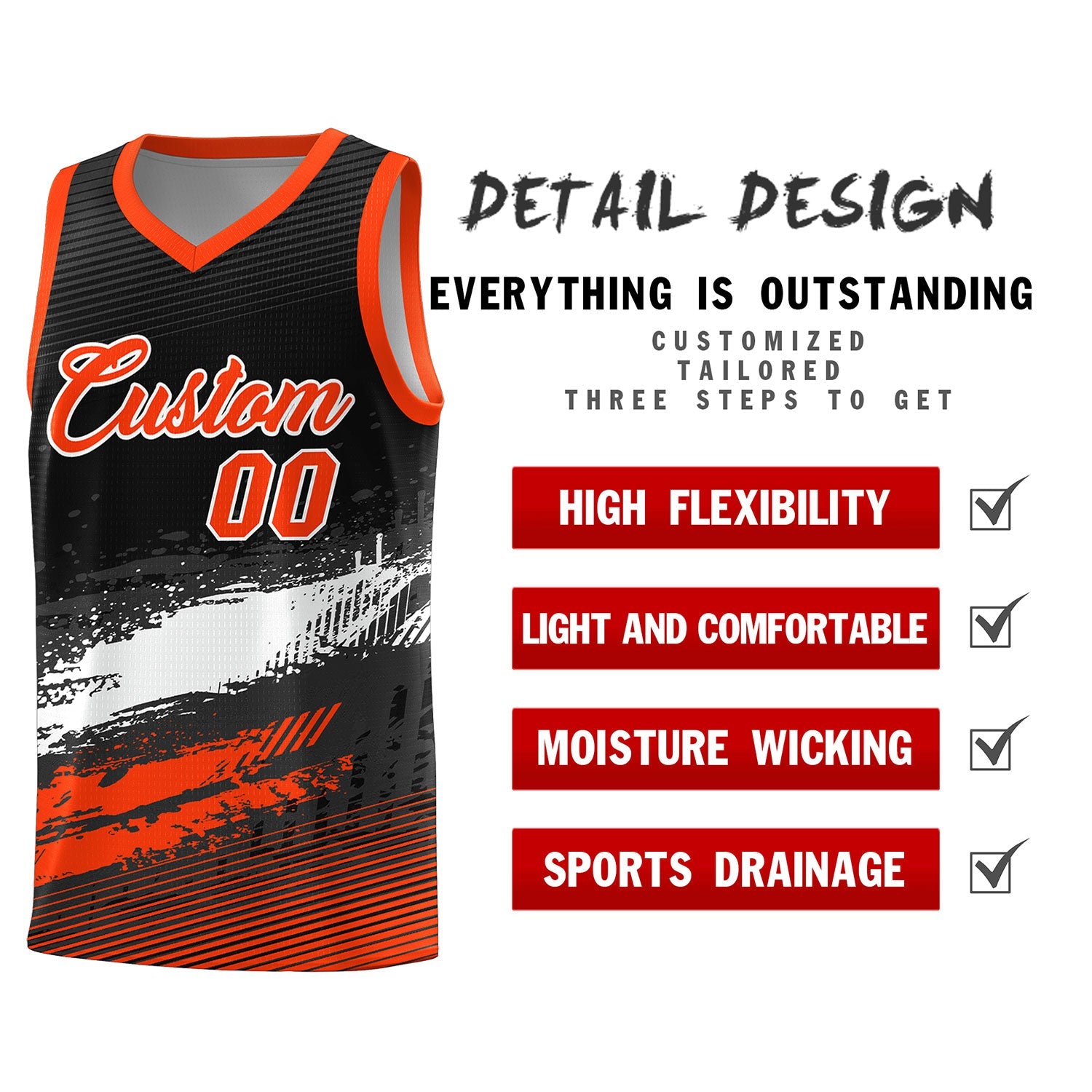 Custom Black White and Orange Graffiti Pattern Sports Uniform Basketball Jersey