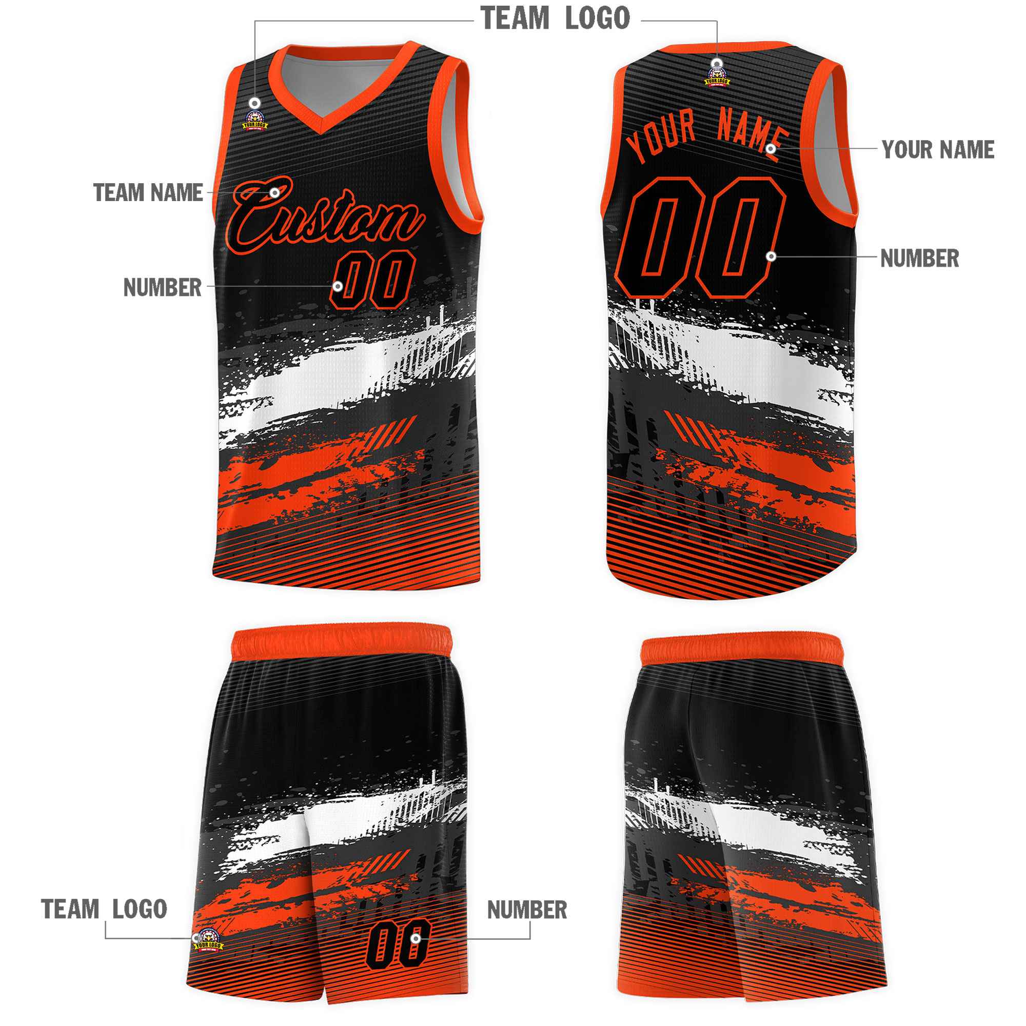 Custom Black White and Orange Graffiti Pattern Sports Uniform Basketball Jersey