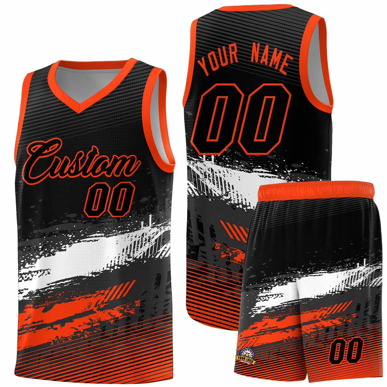 Custom Black White and Orange Graffiti Pattern Sports Uniform Basketball Jersey