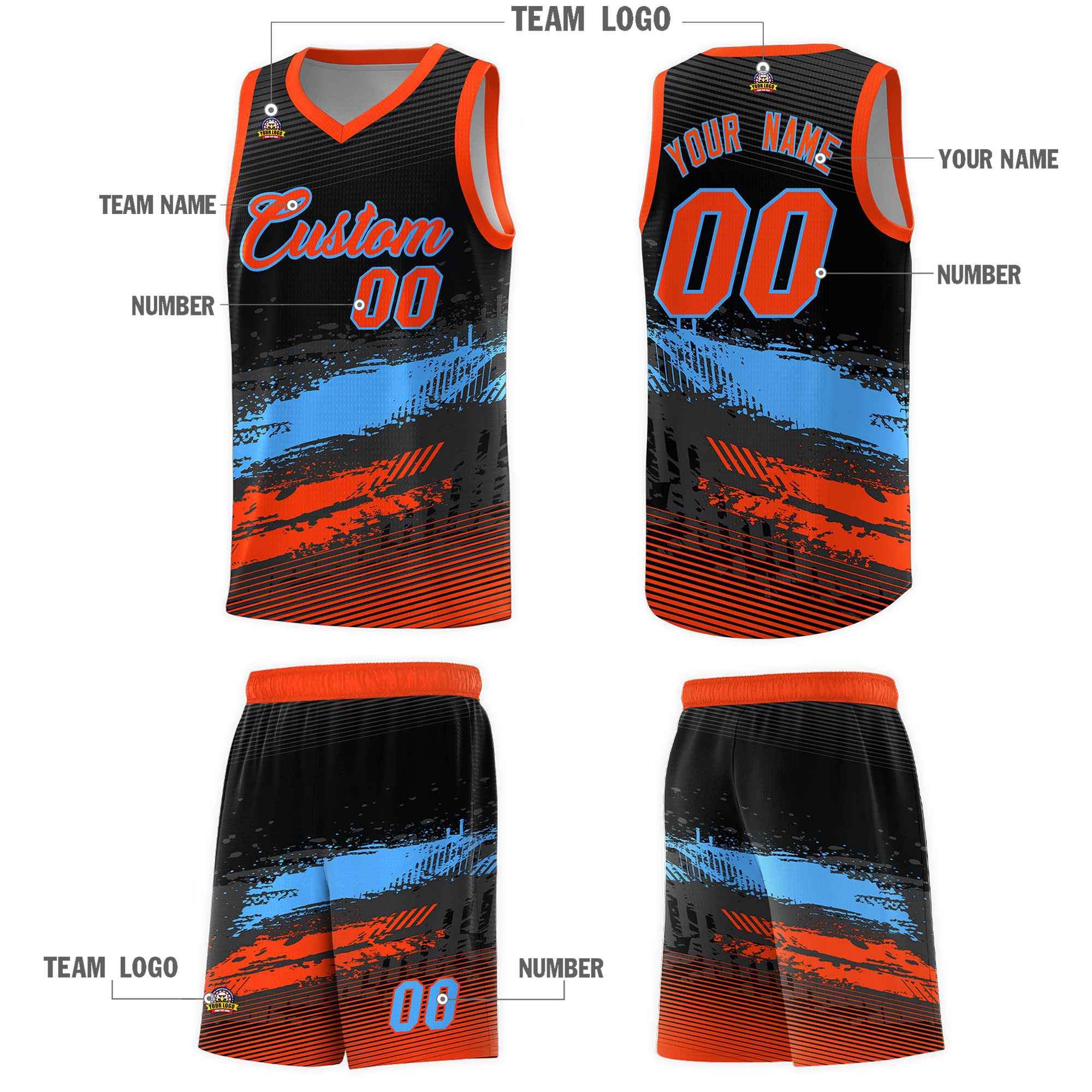 Custom Black Powder Blue and Orange Graffiti Pattern Sports Uniform Basketball Jersey