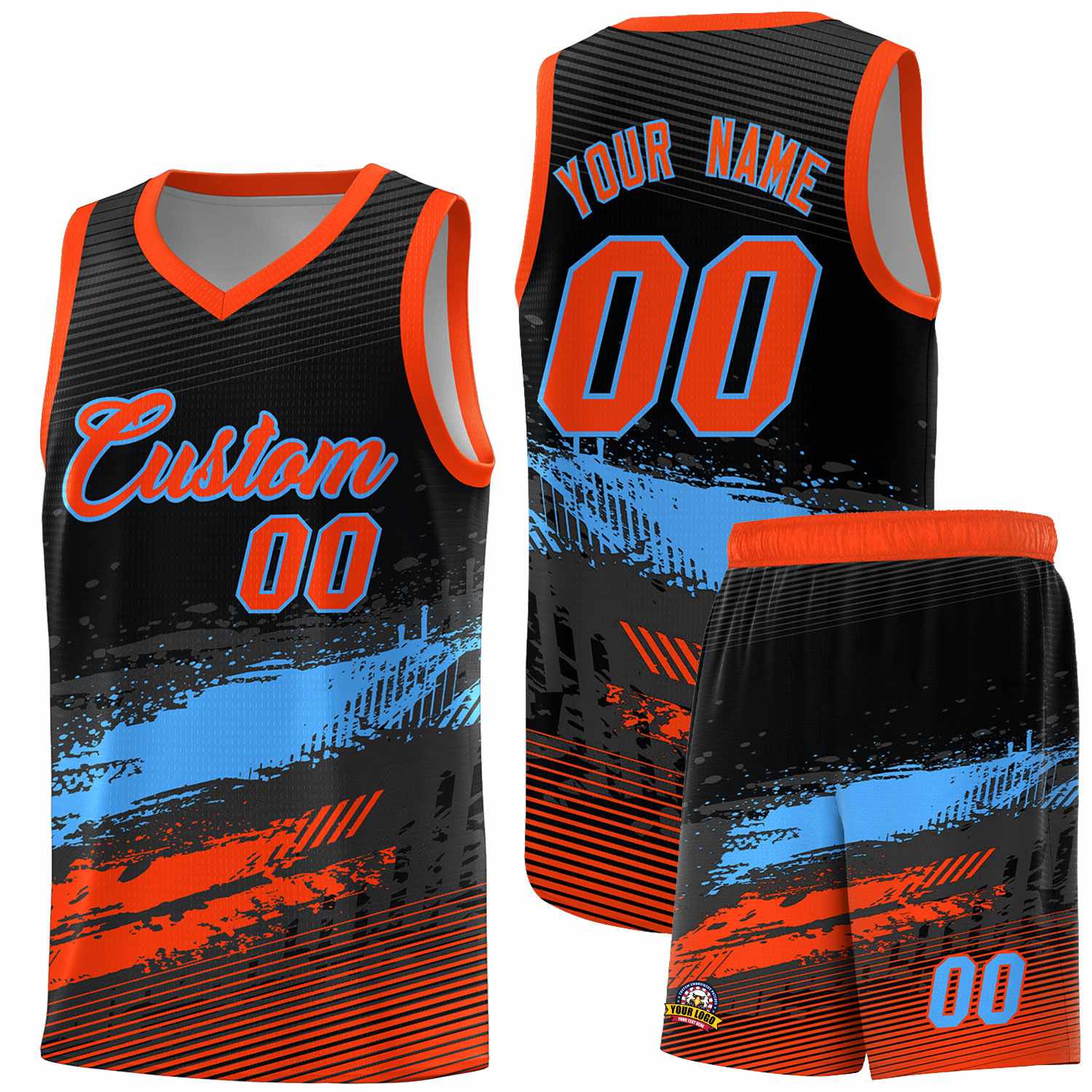 Custom Black Powder Blue and Orange Graffiti Pattern Sports Uniform Basketball Jersey