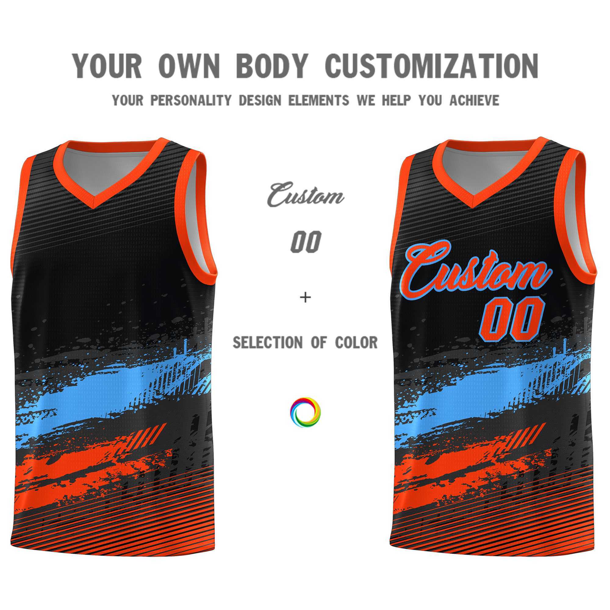 Custom Black Powder Blue and Orange Graffiti Pattern Sports Uniform Basketball Jersey