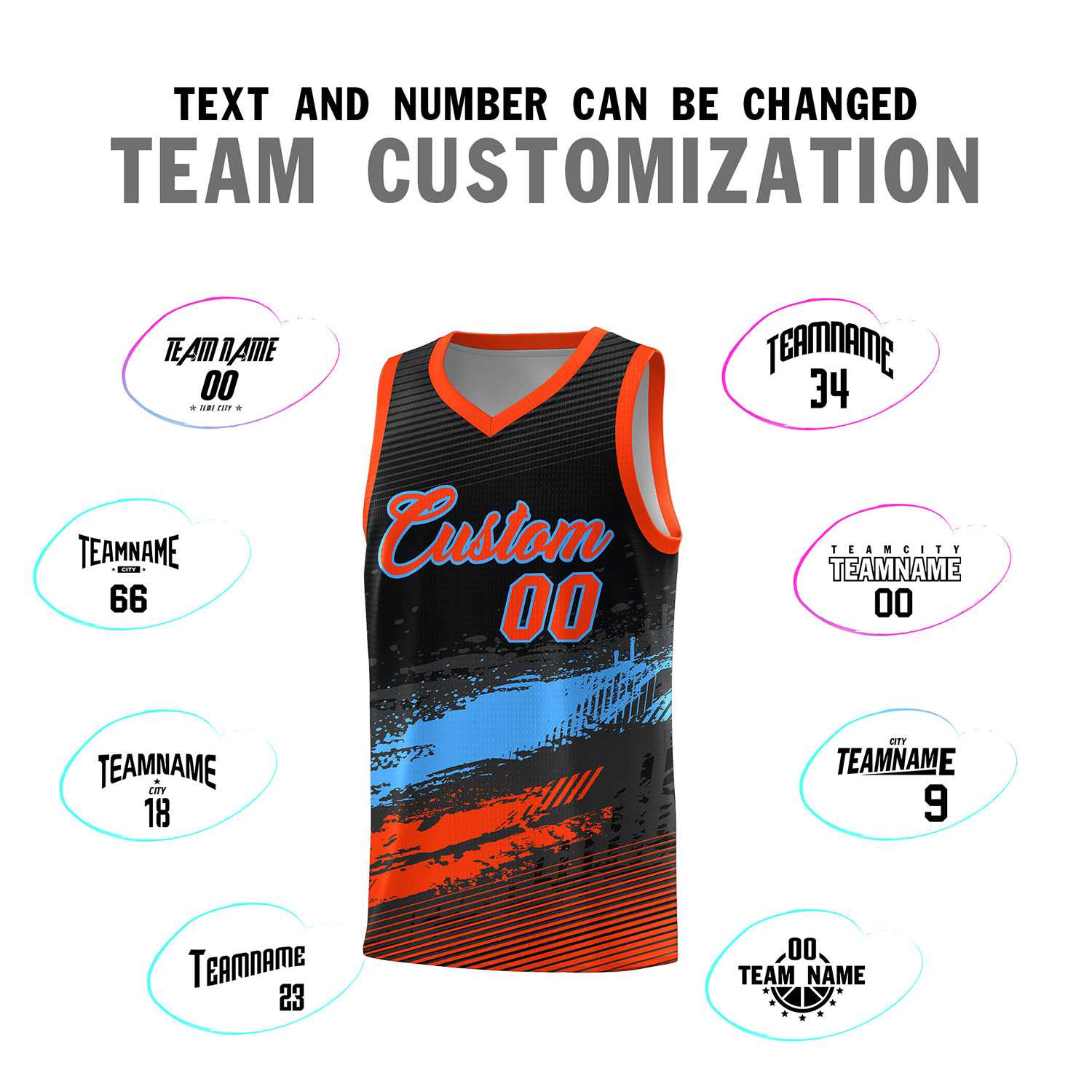 Custom Black Powder Blue and Orange Graffiti Pattern Sports Uniform Basketball Jersey