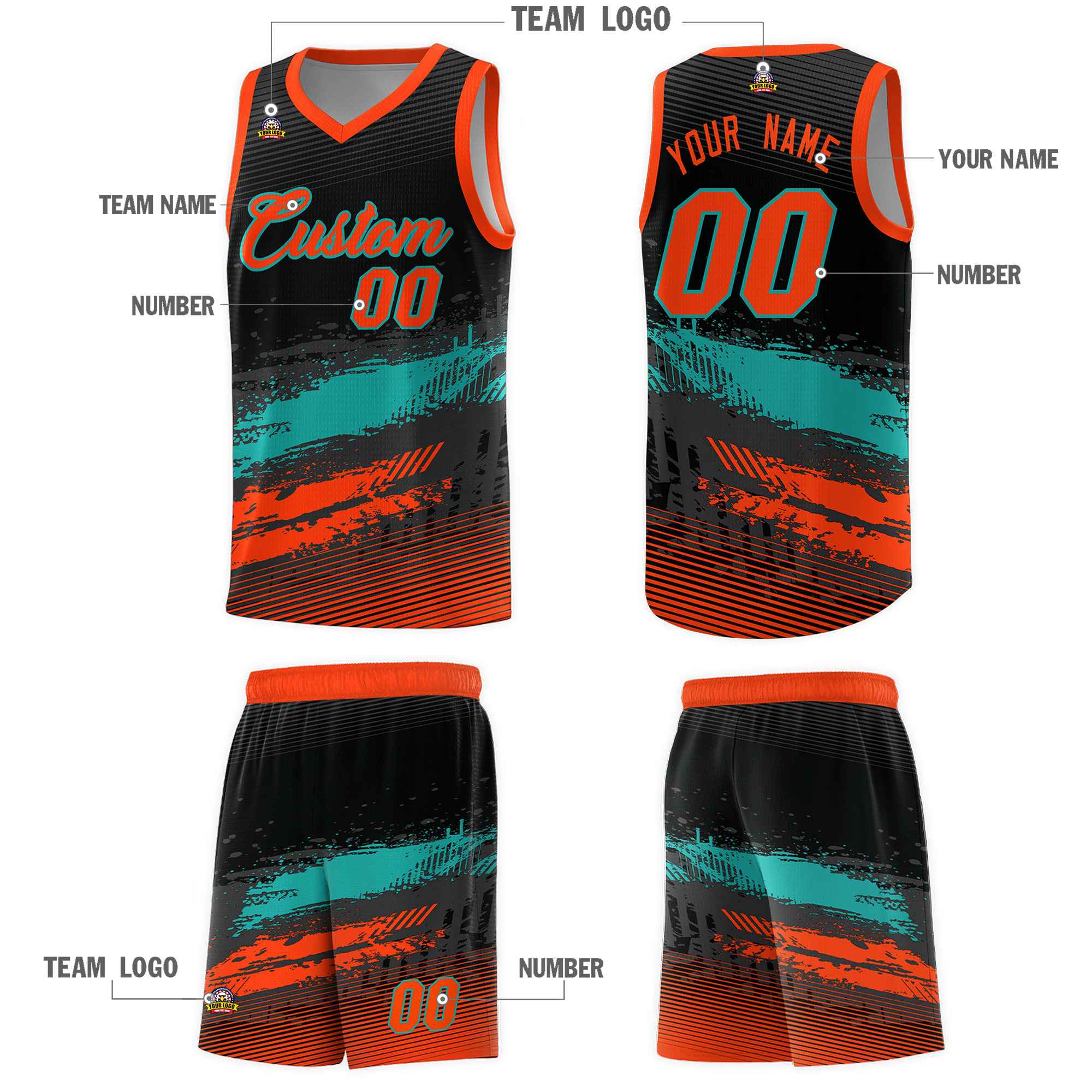 Custom Black Aqua and Orange Graffiti Pattern Sports Uniform Basketball Jersey