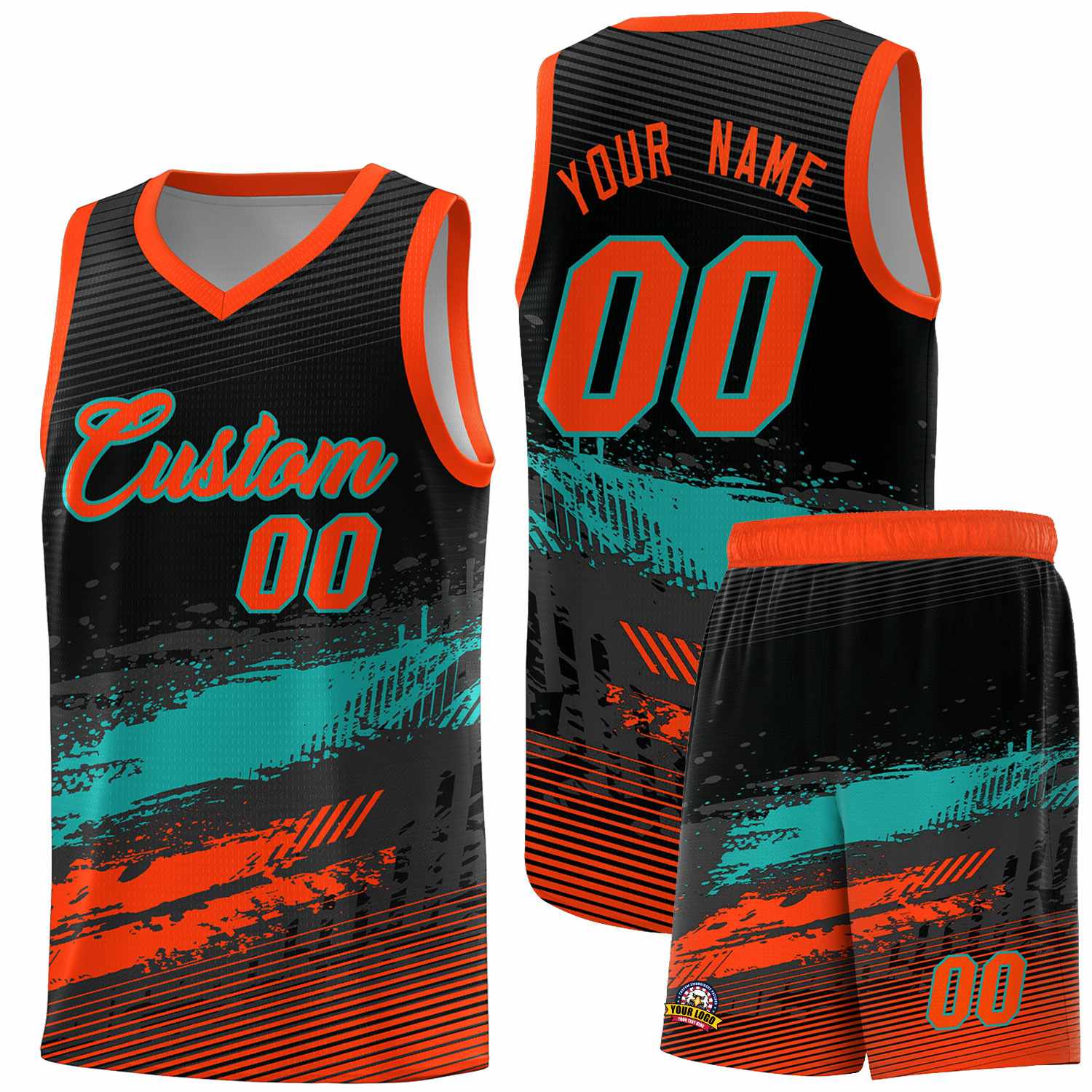 Custom Black Aqua and Orange Graffiti Pattern Sports Uniform Basketball Jersey