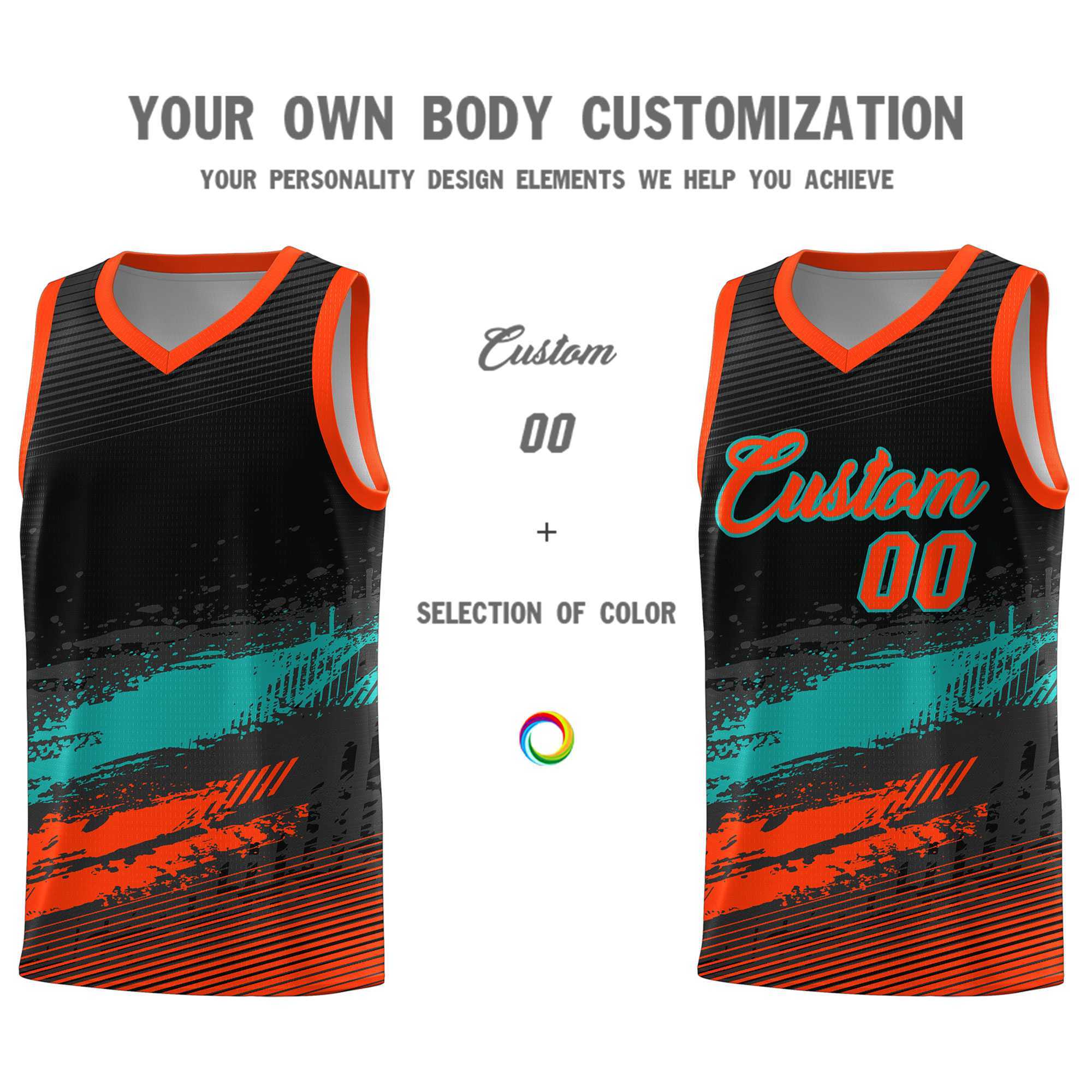 Custom Black Aqua and Orange Graffiti Pattern Sports Uniform Basketball Jersey