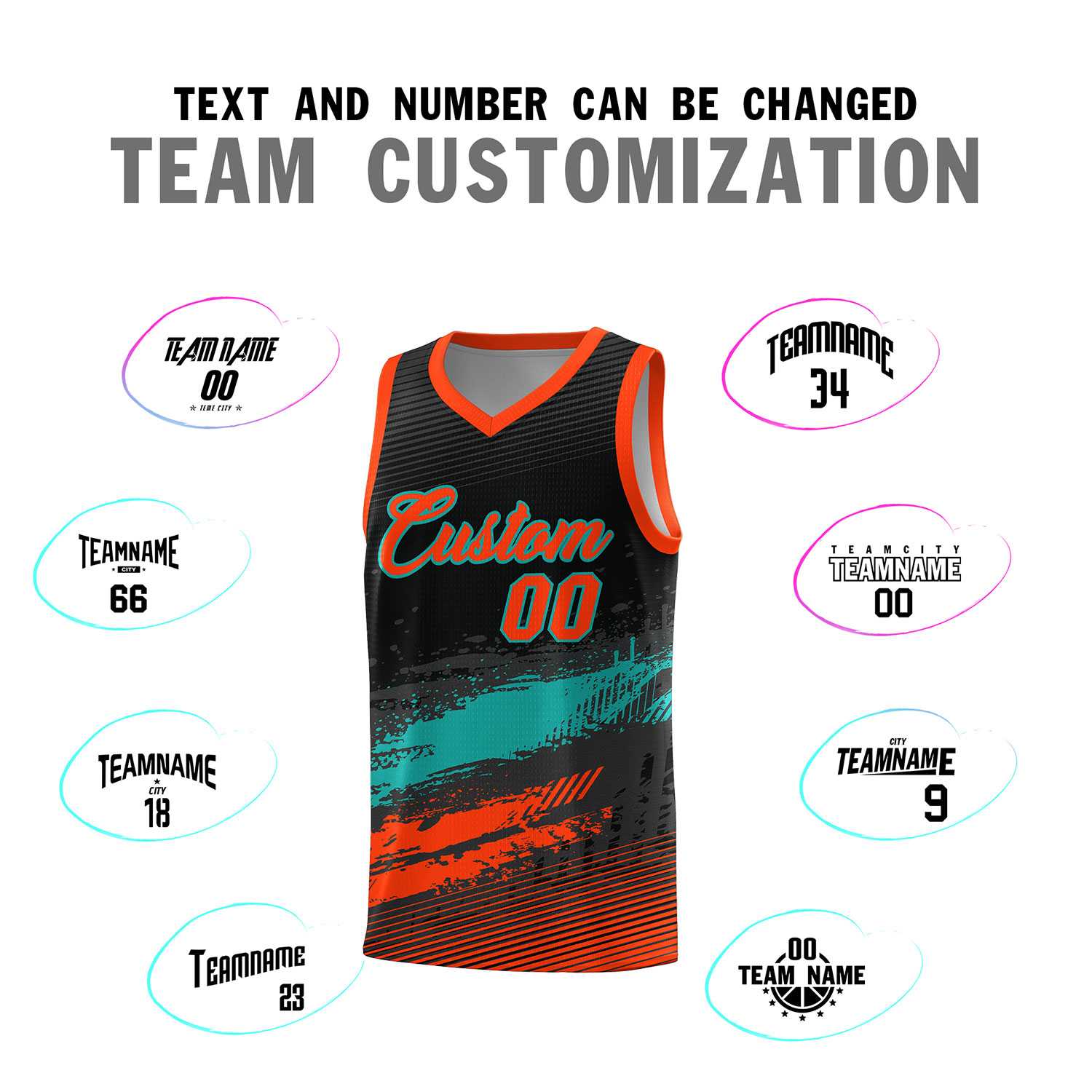 Custom Black Aqua and Orange Graffiti Pattern Sports Uniform Basketball Jersey