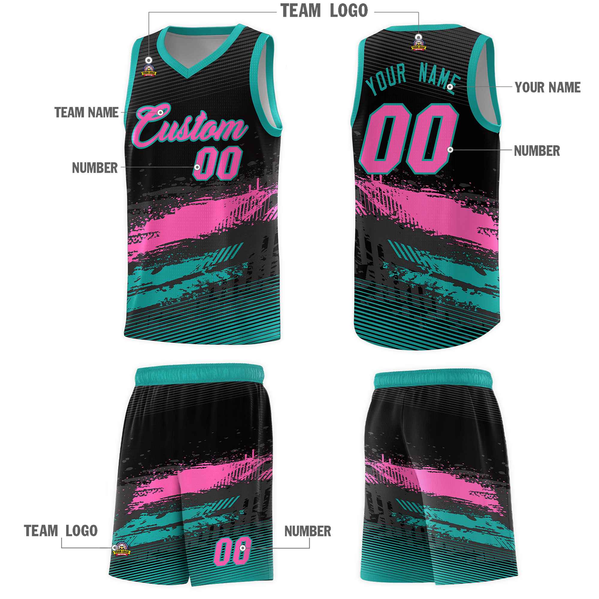 Custom Black Pink and Aqua Graffiti Pattern Sports Uniform Basketball Jersey