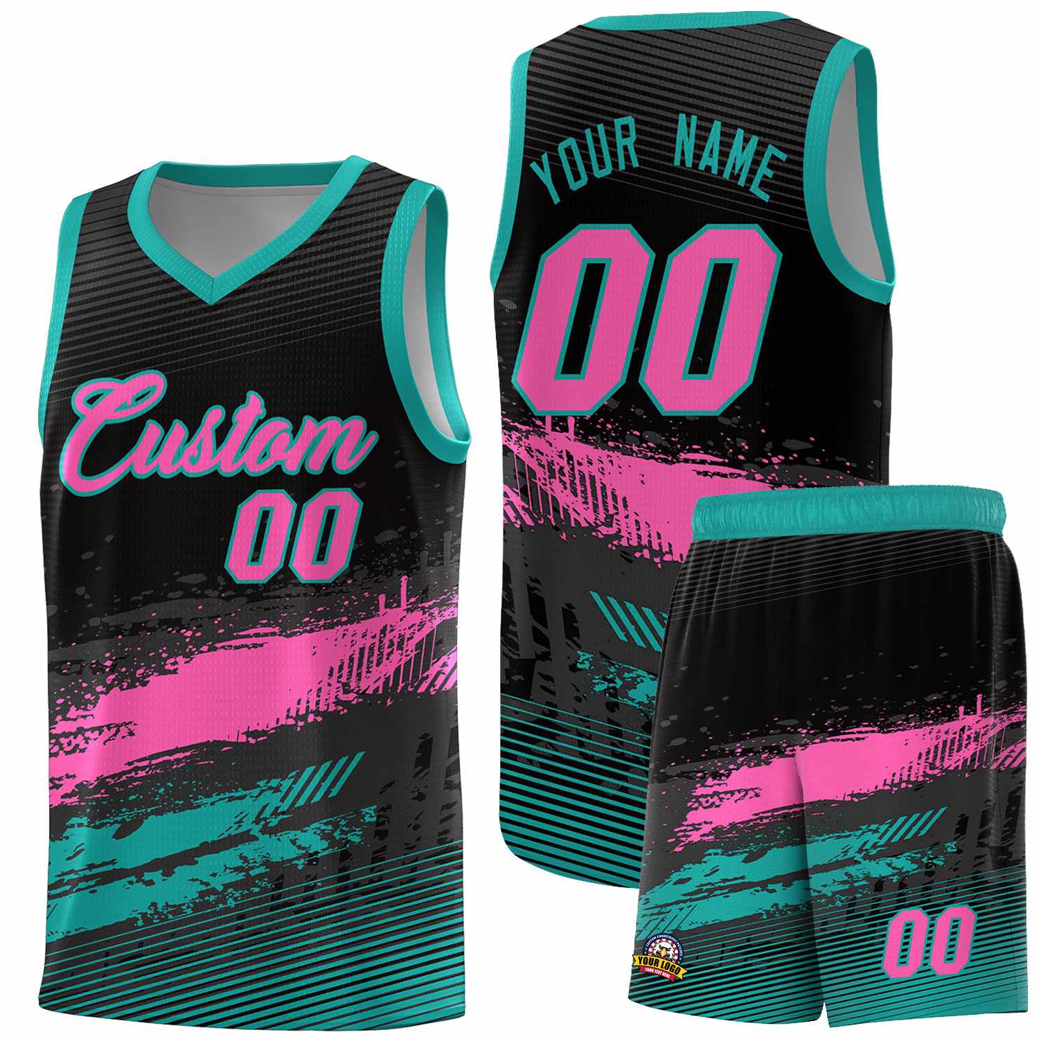 Custom Black Pink and Aqua Graffiti Pattern Sports Uniform Basketball Jersey