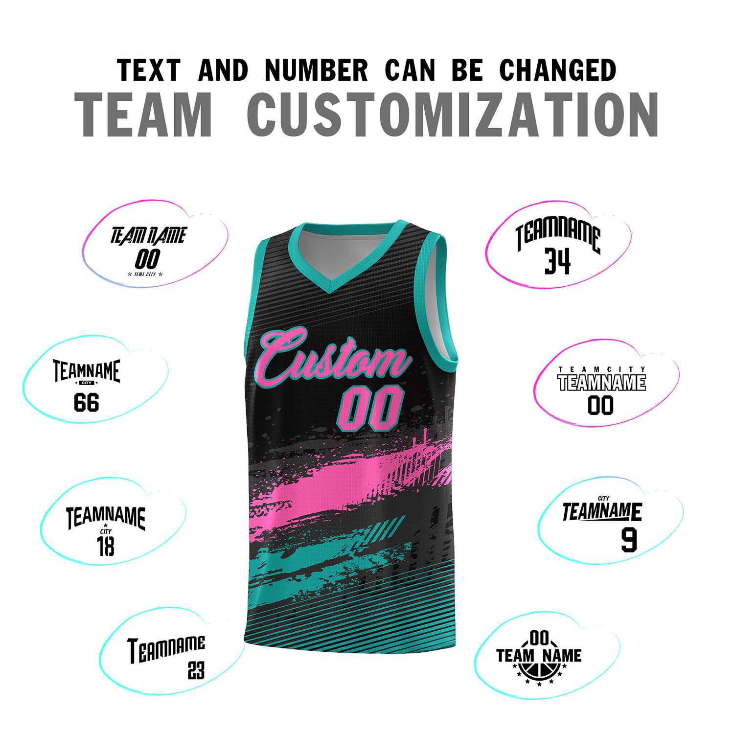 Custom Black Pink and Aqua Graffiti Pattern Sports Uniform Basketball Jersey