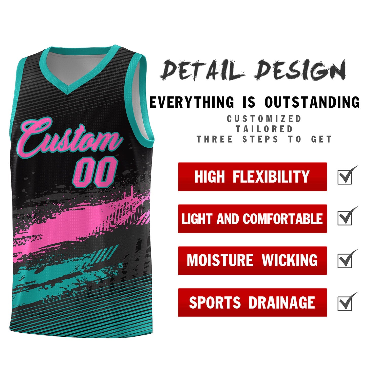 Custom Black Pink and Aqua Graffiti Pattern Sports Uniform Basketball Jersey