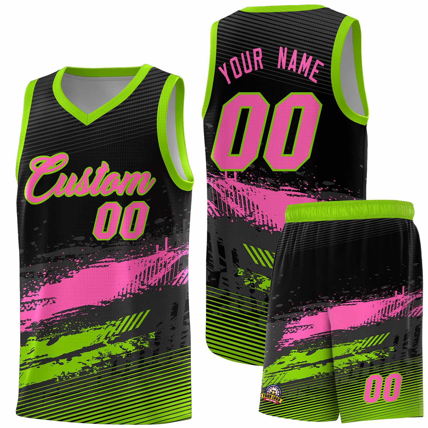 Custom Black Pink and Neon Green Graffiti Pattern Sports Uniform Basketball Jersey