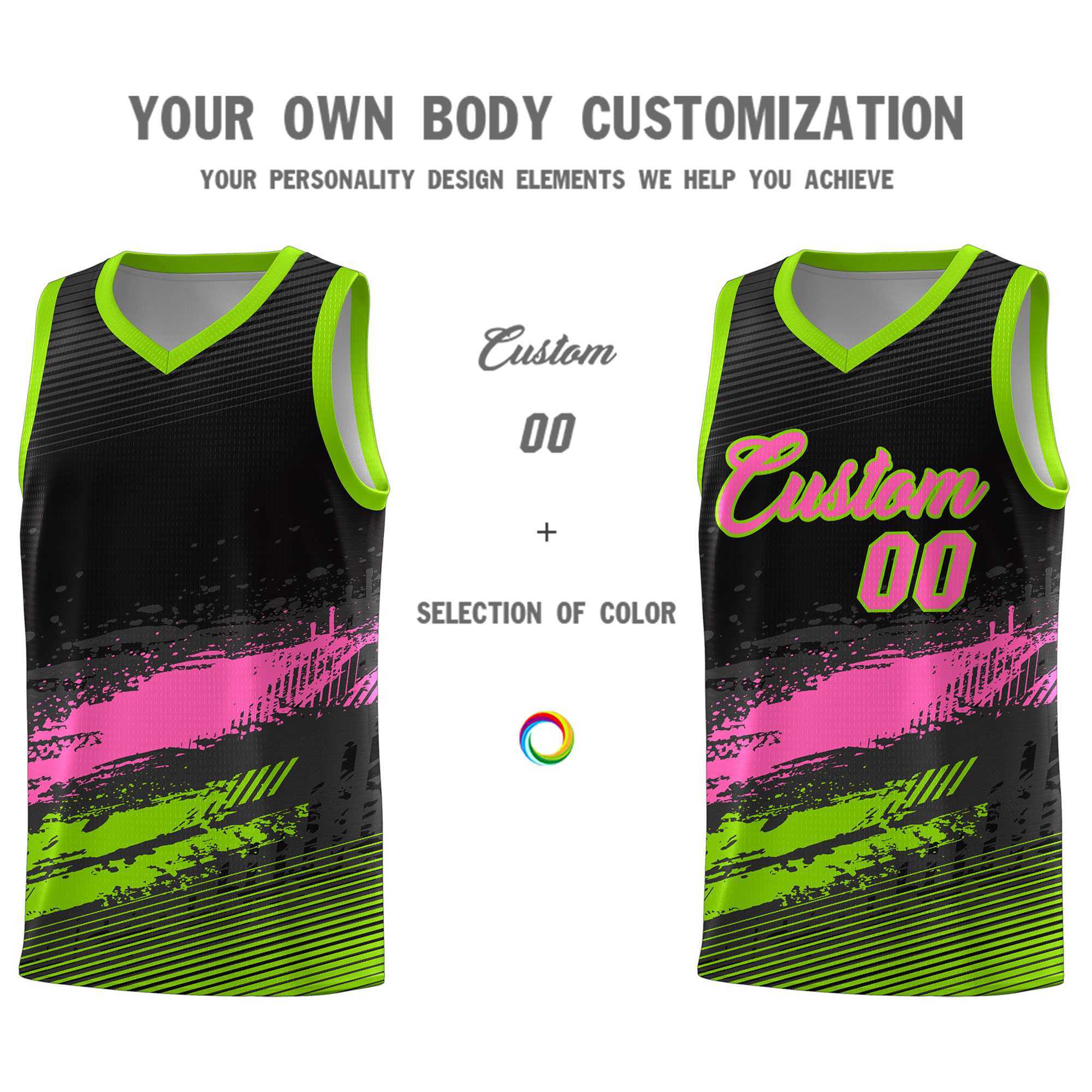 Custom Black Pink and Neon Green Graffiti Pattern Sports Uniform Basketball Jersey