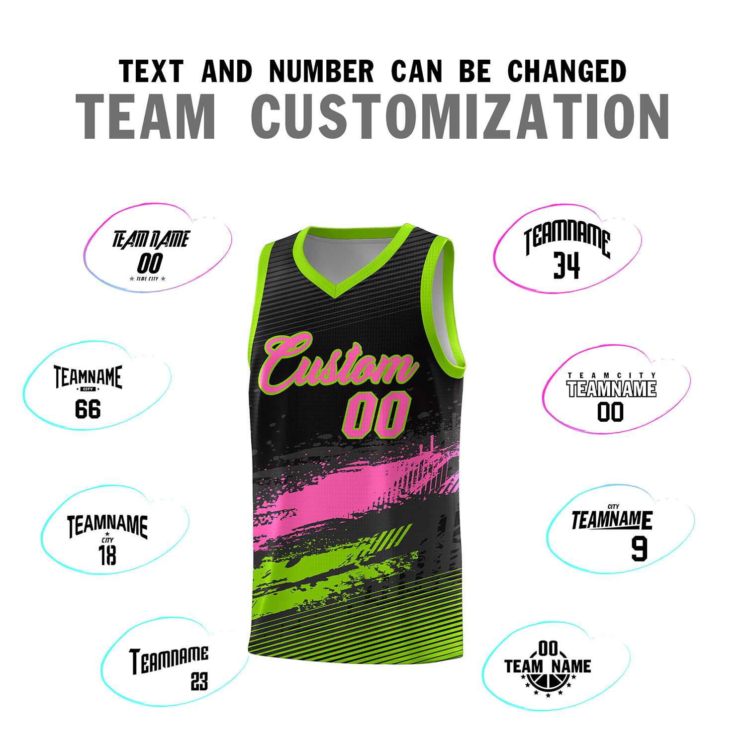 Custom Black Pink and Neon Green Graffiti Pattern Sports Uniform Basketball Jersey