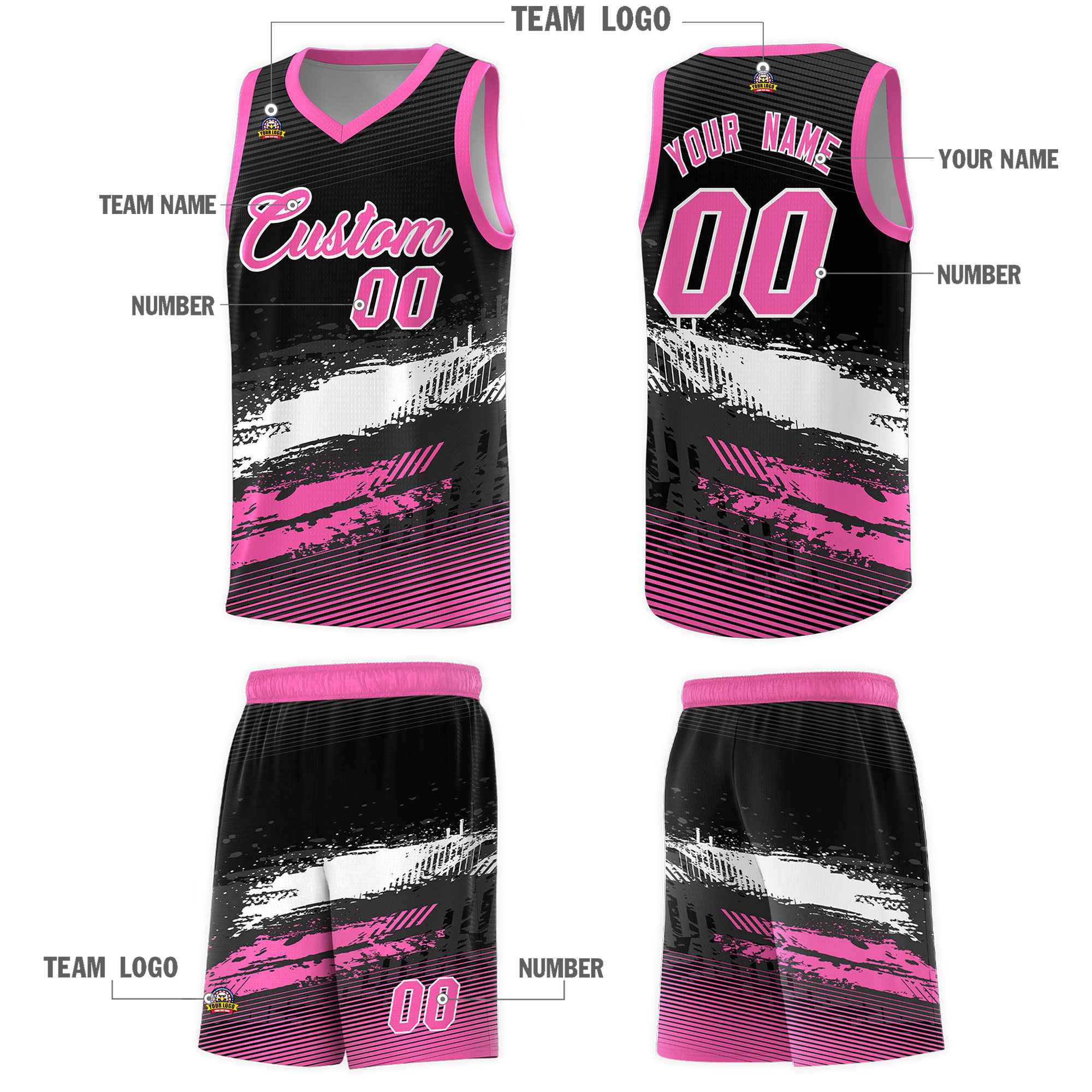 Custom Black White and Pink Graffiti Pattern Sports Uniform Basketball Jersey