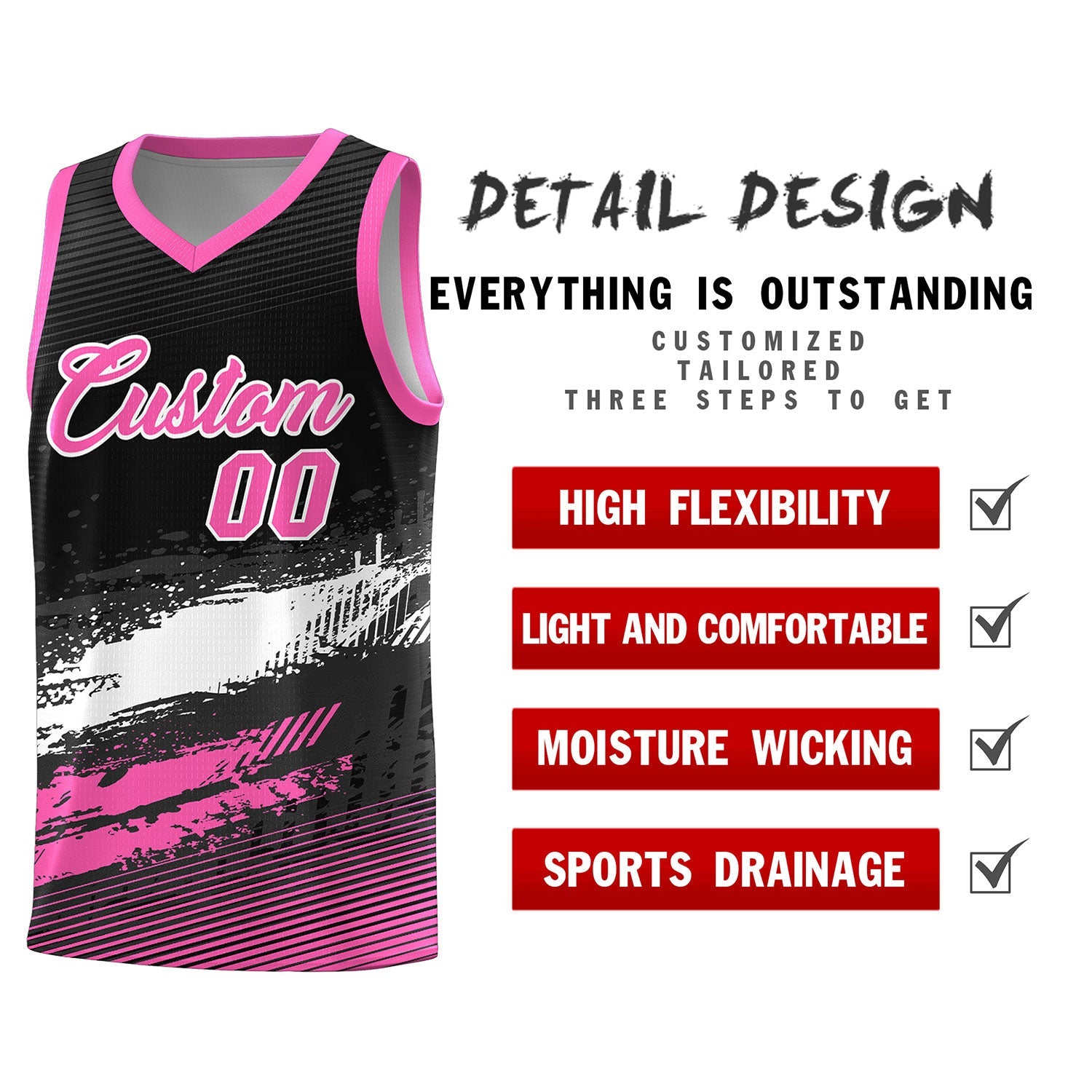 Custom Black White and Pink Graffiti Pattern Sports Uniform Basketball Jersey