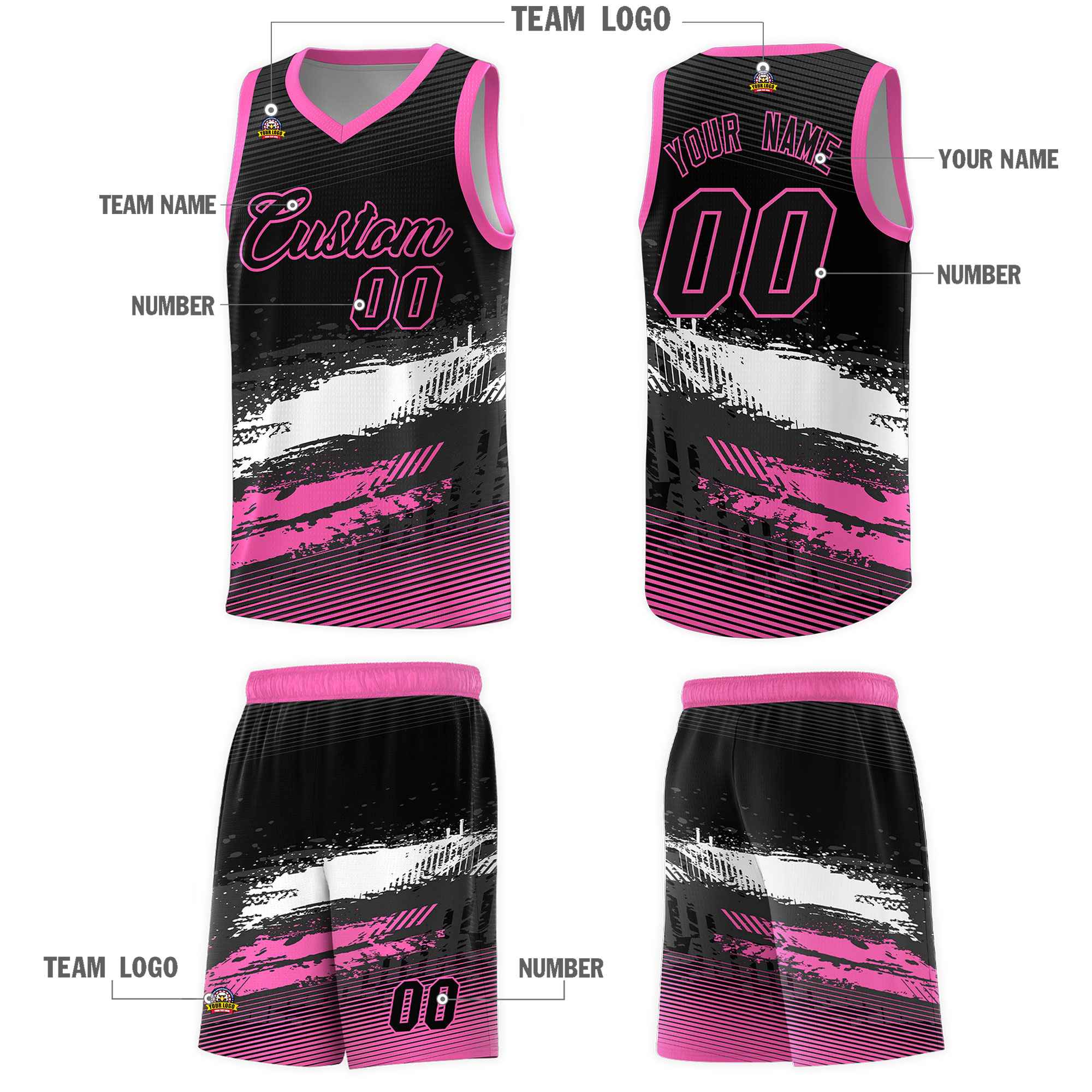 Custom Black White and Pink Graffiti Pattern Sports Uniform Basketball Jersey