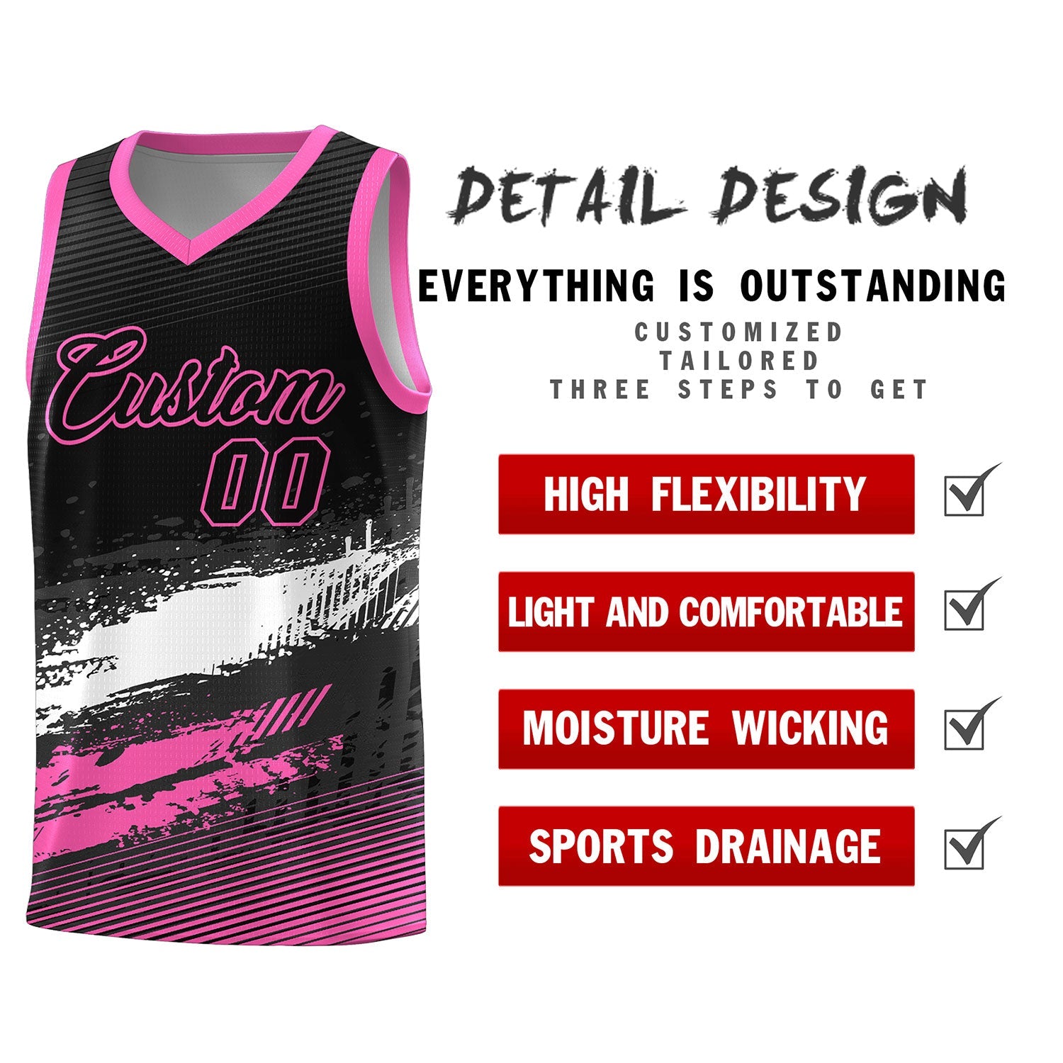 Custom Black White and Pink Graffiti Pattern Sports Uniform Basketball Jersey