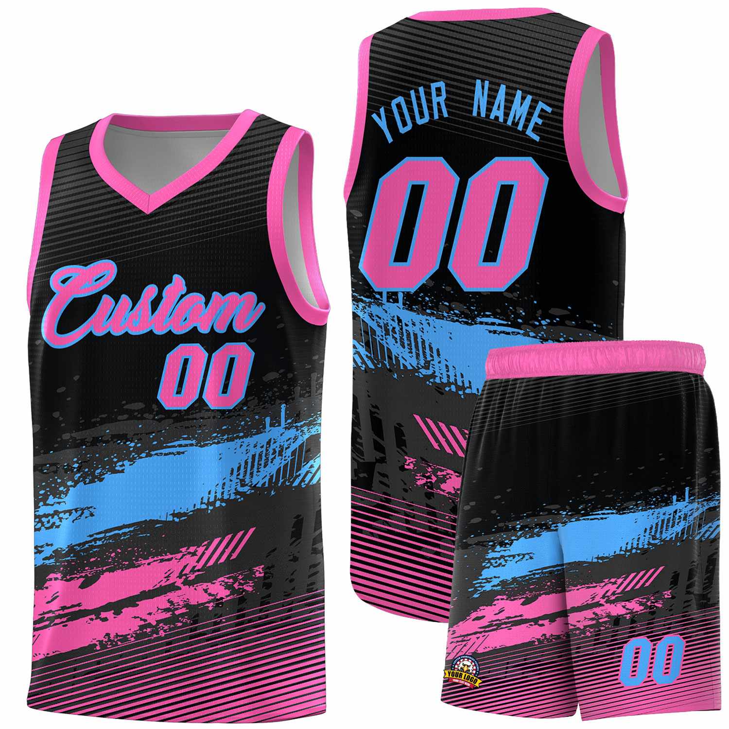 Custom Black Powder Blue and Pink Graffiti Pattern Sports Uniform Basketball Jersey