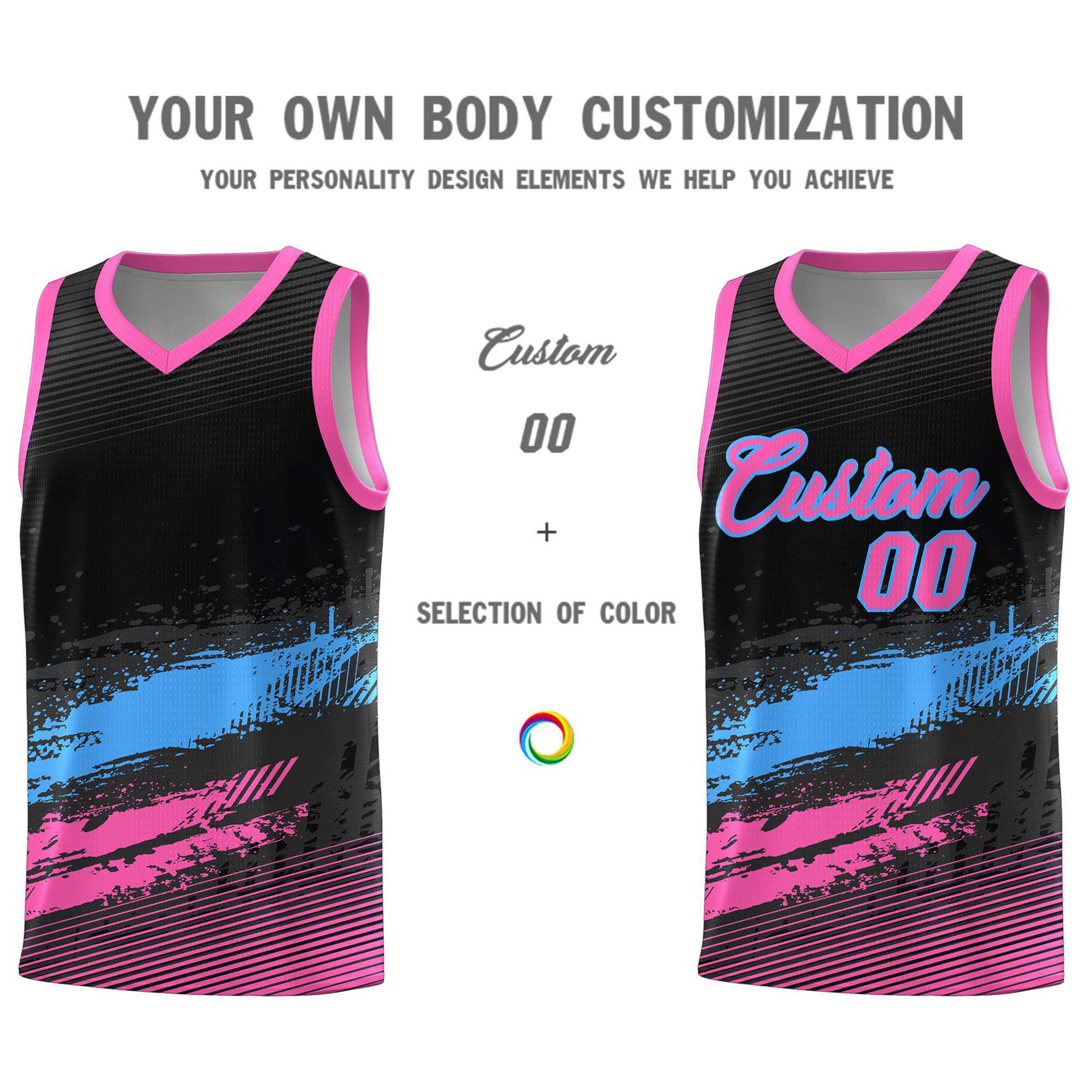 Custom Black Powder Blue and Pink Graffiti Pattern Sports Uniform Basketball Jersey