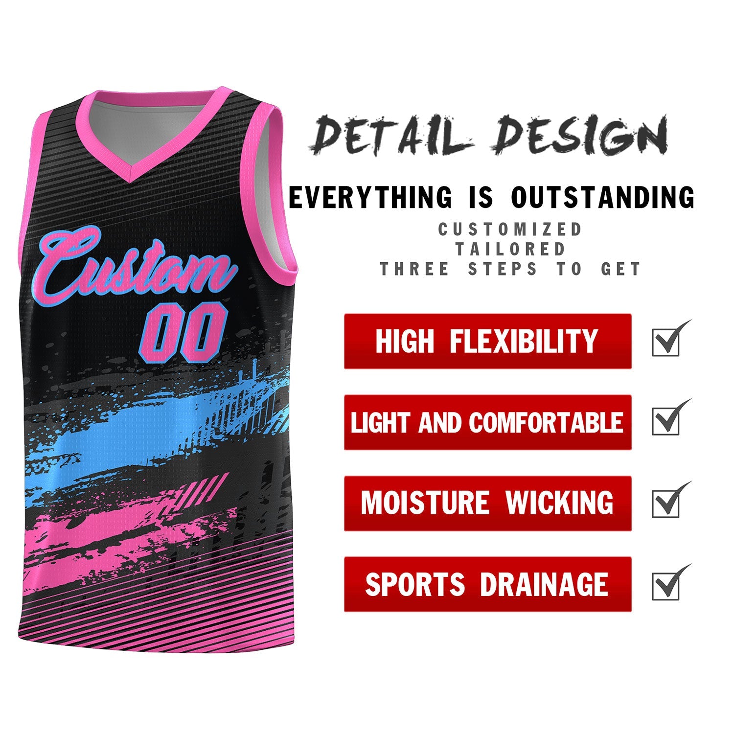 Custom Black Powder Blue and Pink Graffiti Pattern Sports Uniform Basketball Jersey