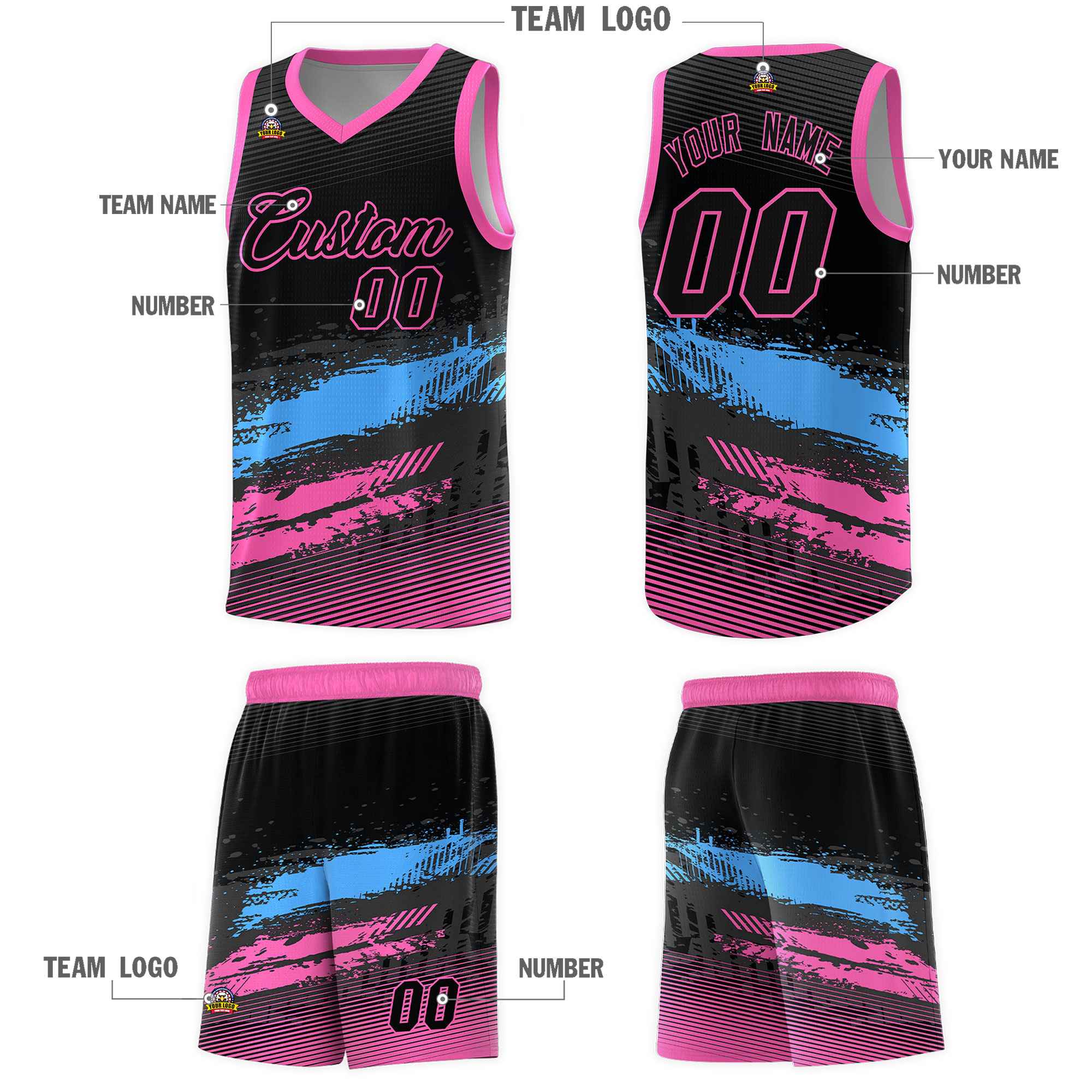 Custom Black Powder Blue and Pink Graffiti Pattern Sports Uniform Basketball Jersey