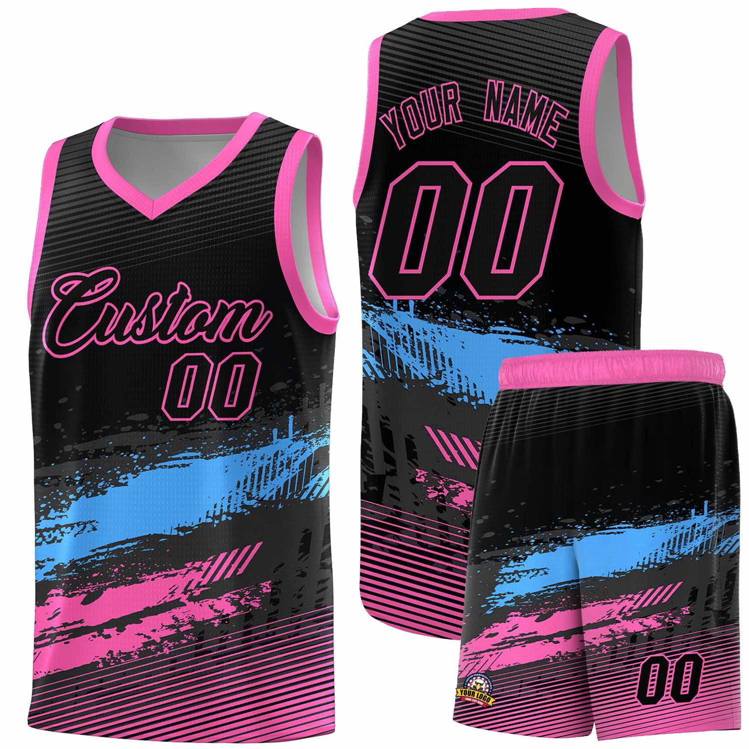 Custom Black Powder Blue and Pink Graffiti Pattern Sports Uniform Basketball Jersey