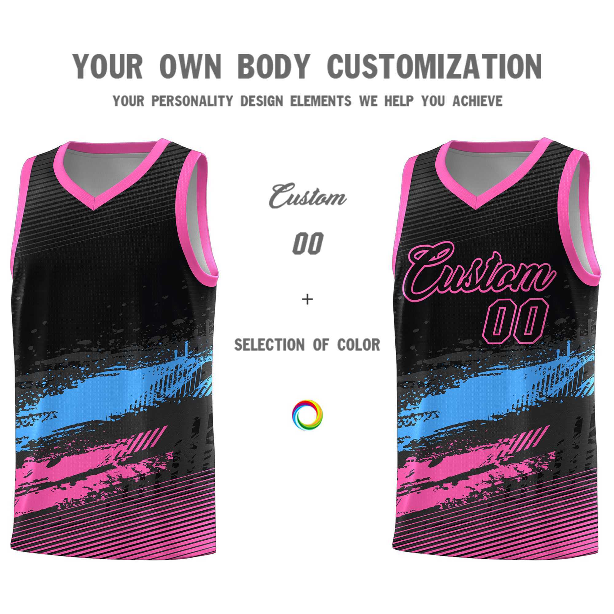 Custom Black Powder Blue and Pink Graffiti Pattern Sports Uniform Basketball Jersey