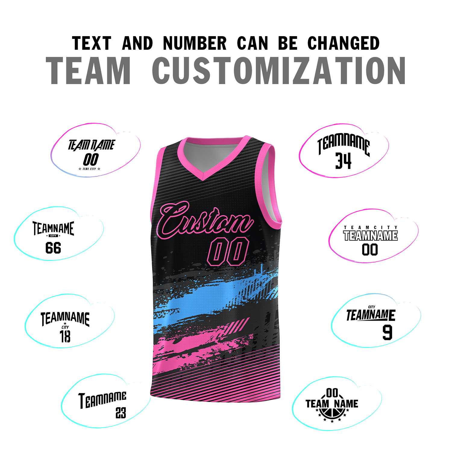 Custom Black Powder Blue and Pink Graffiti Pattern Sports Uniform Basketball Jersey