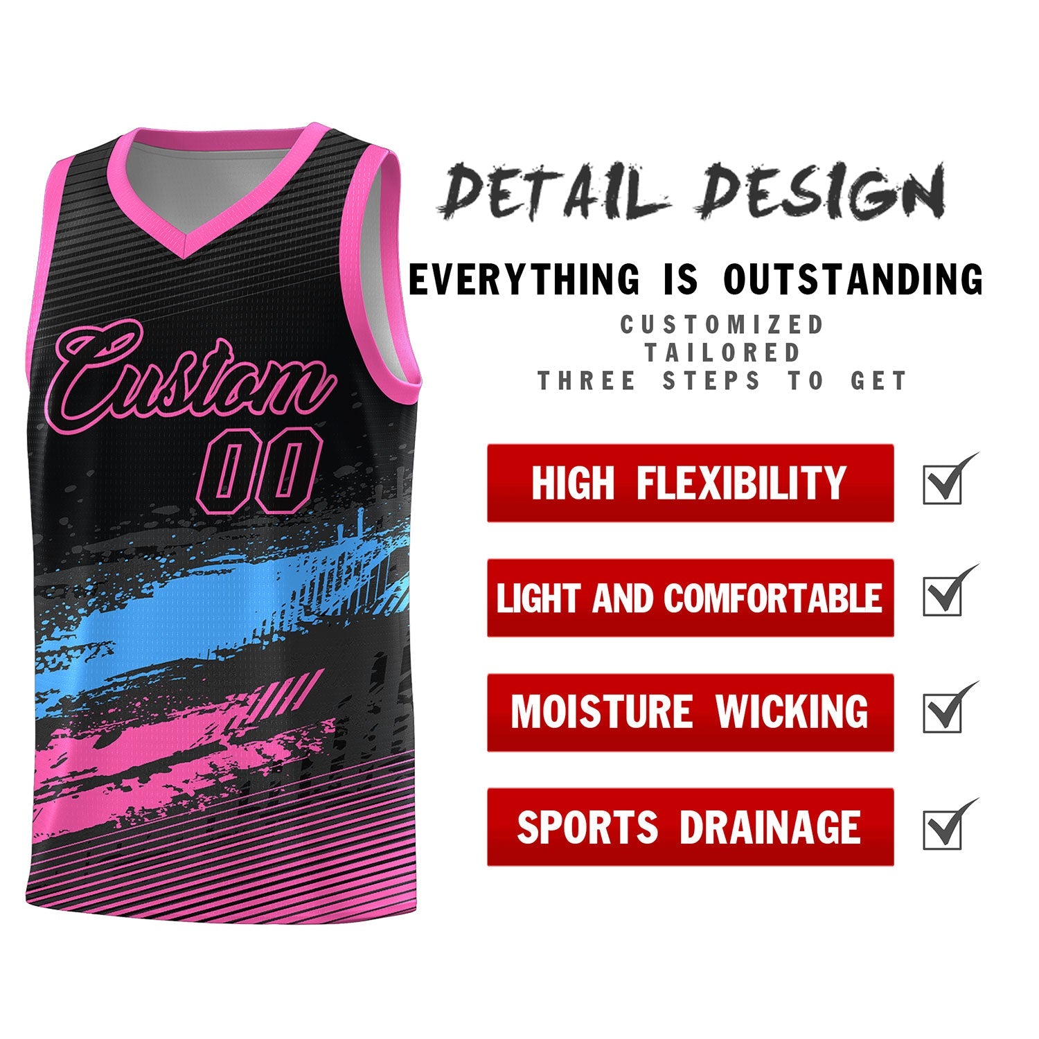 Custom Black Powder Blue and Pink Graffiti Pattern Sports Uniform Basketball Jersey