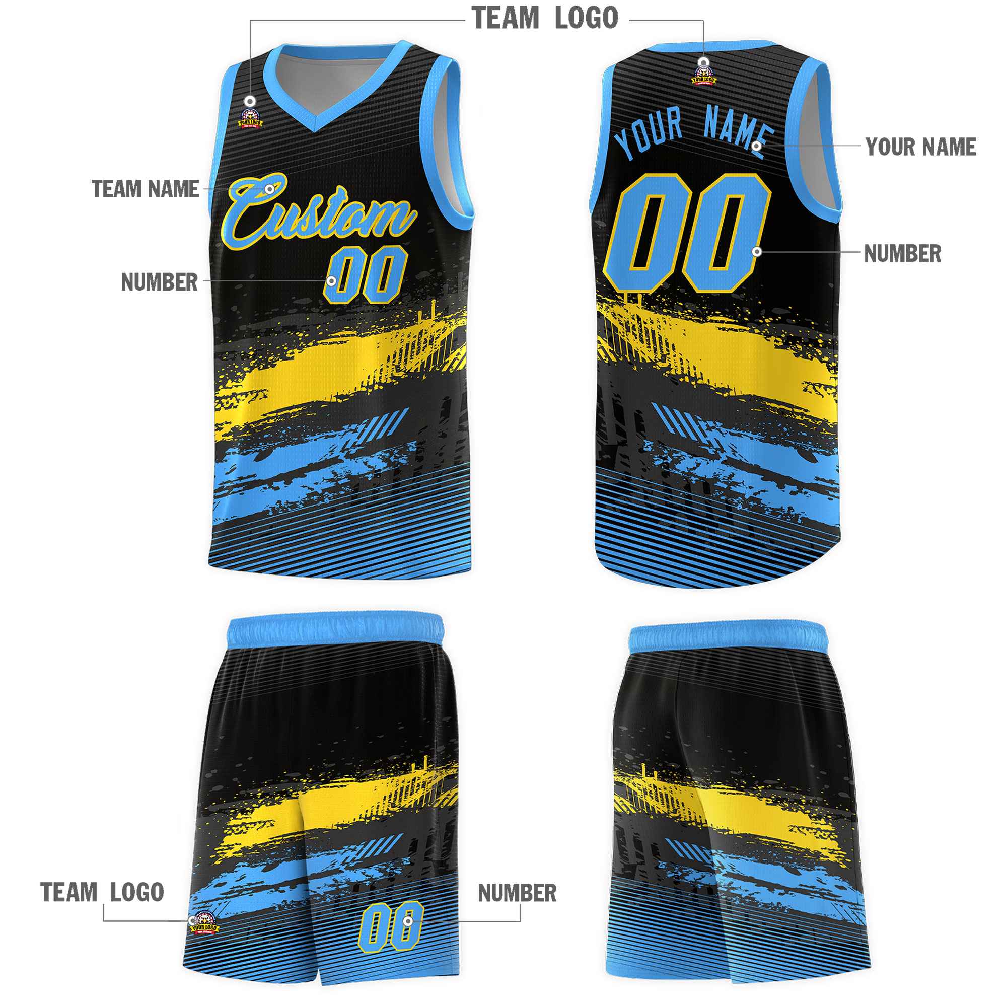 Custom Black Gold and Powder Blue Graffiti Pattern Sports Uniform Basketball Jersey