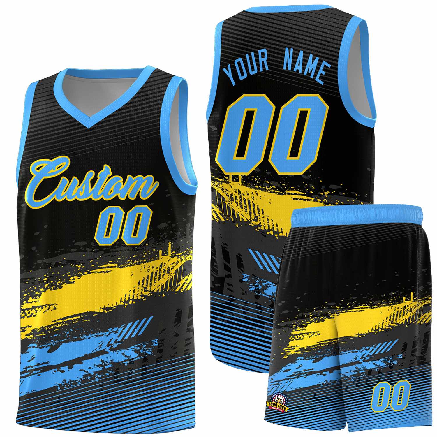 Custom Black Gold and Powder Blue Graffiti Pattern Sports Uniform Basketball Jersey