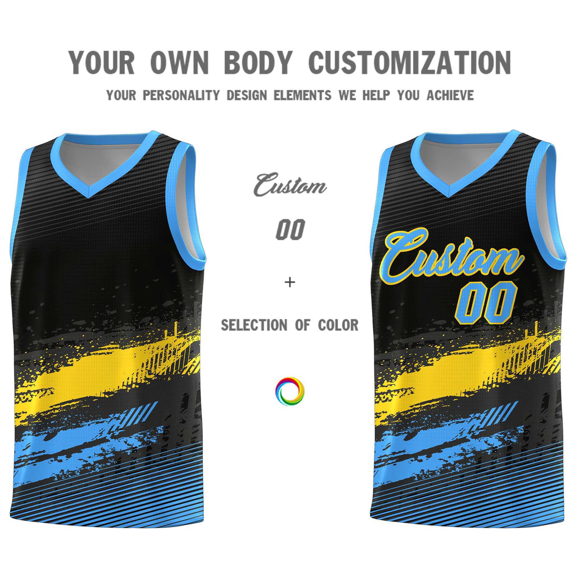 Custom Black Gold and Powder Blue Graffiti Pattern Sports Uniform Basketball Jersey