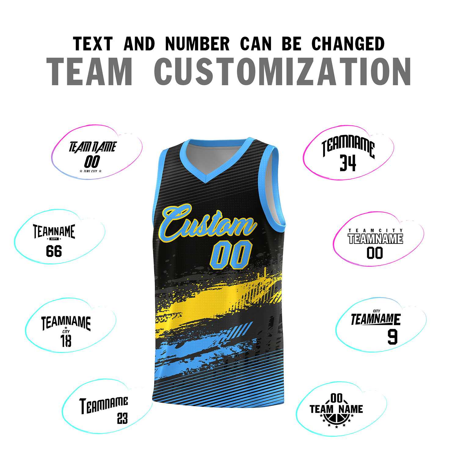 Custom Black Gold and Powder Blue Graffiti Pattern Sports Uniform Basketball Jersey