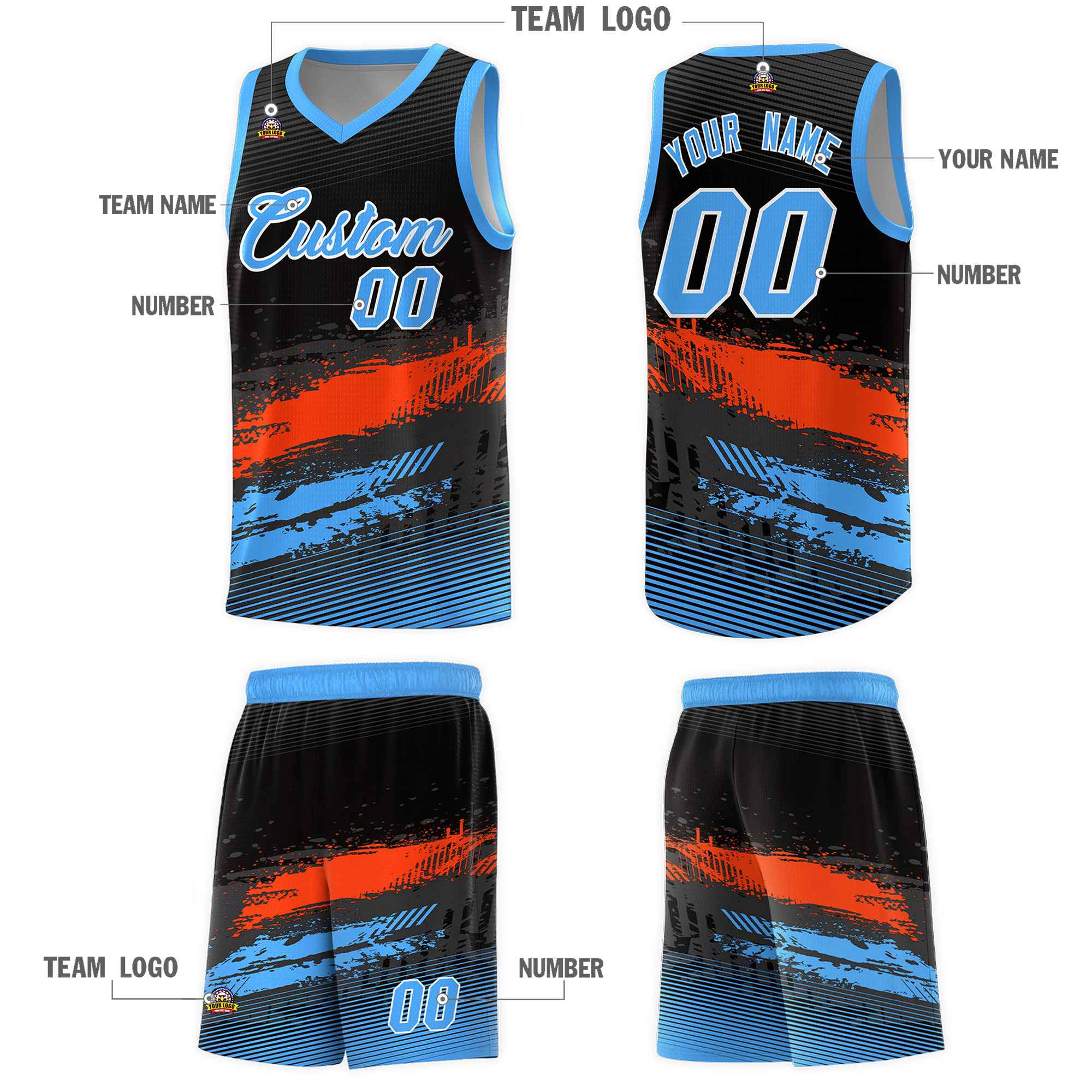 Custom Black Orange and Powder Blue Graffiti Pattern Sports Uniform Basketball Jersey