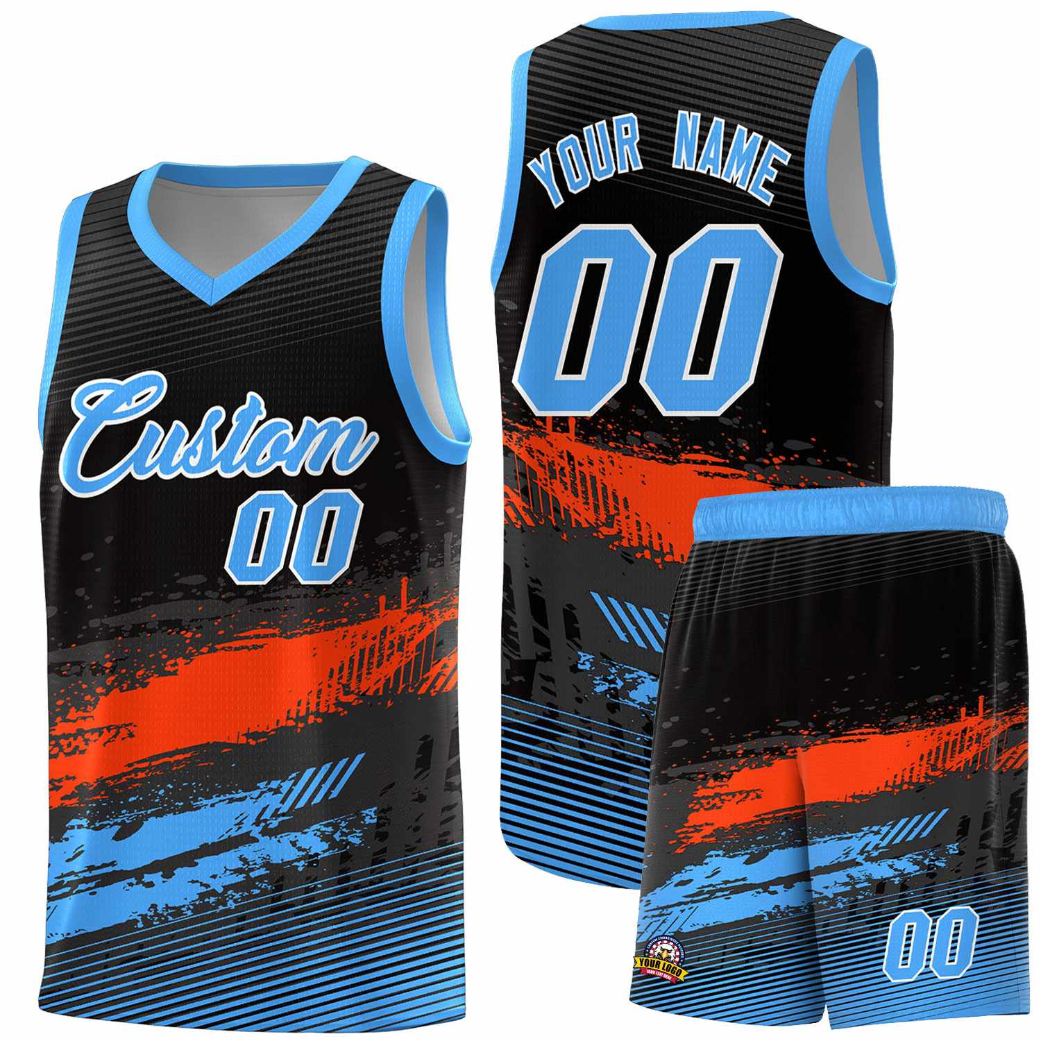 Custom Black Orange and Powder Blue Graffiti Pattern Sports Uniform Basketball Jersey