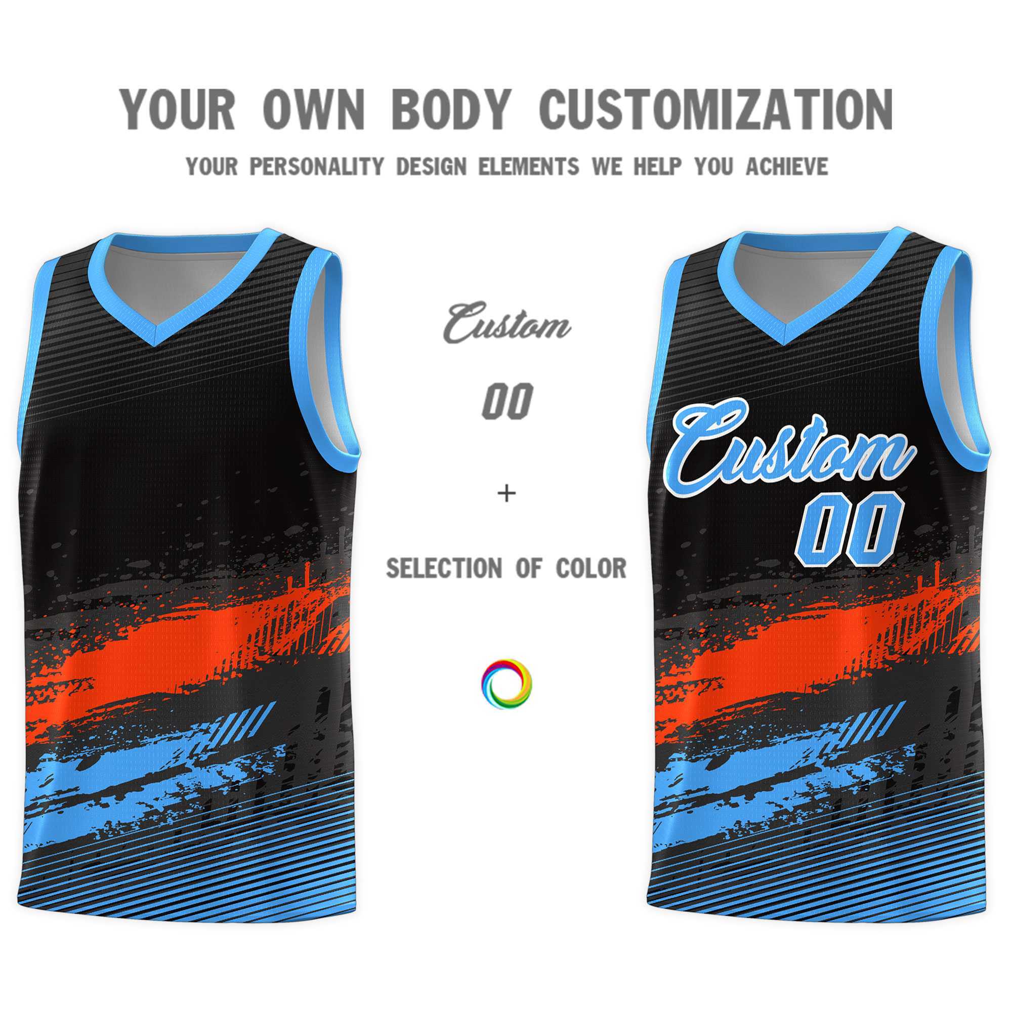 Custom Black Orange and Powder Blue Graffiti Pattern Sports Uniform Basketball Jersey