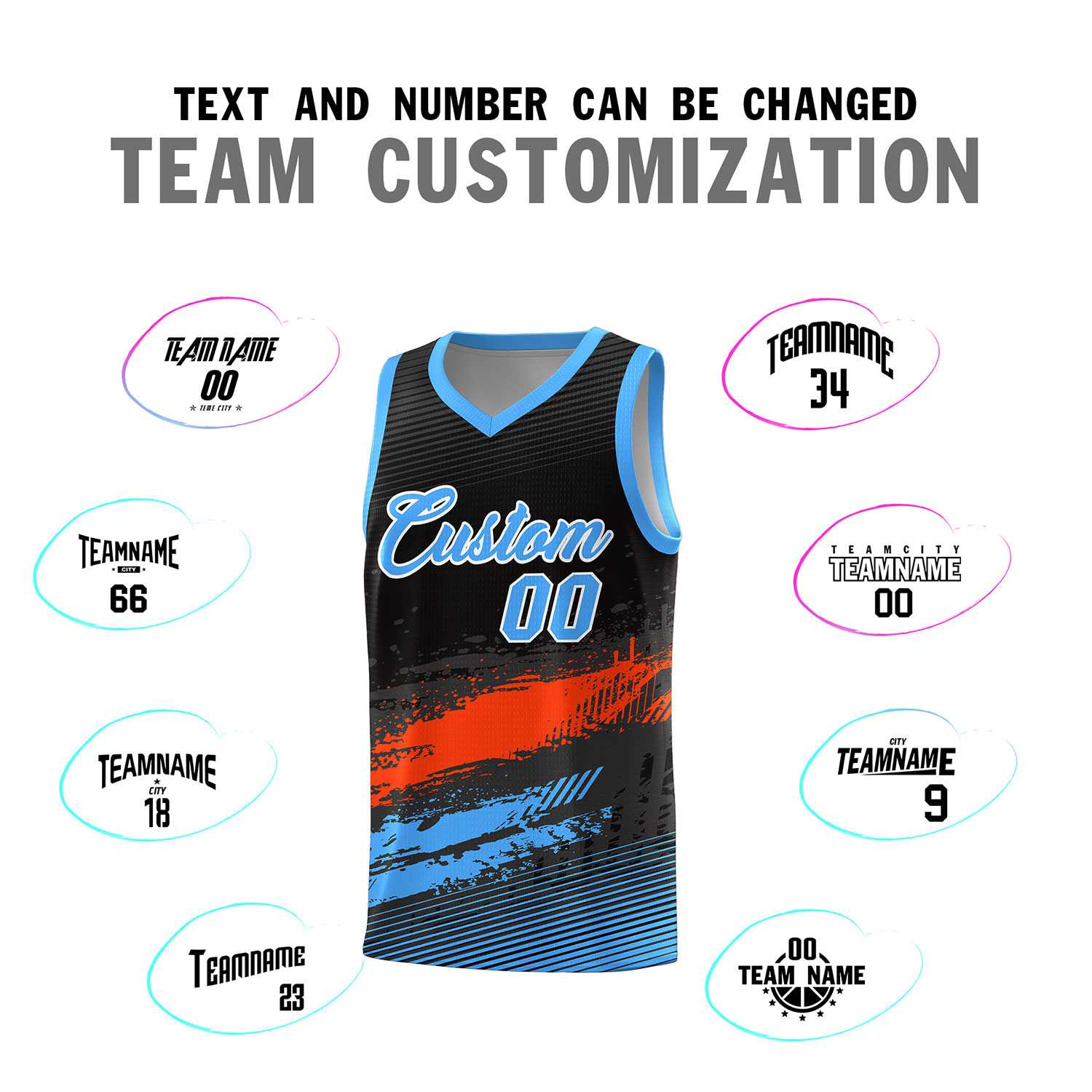 Custom Black Orange and Powder Blue Graffiti Pattern Sports Uniform Basketball Jersey