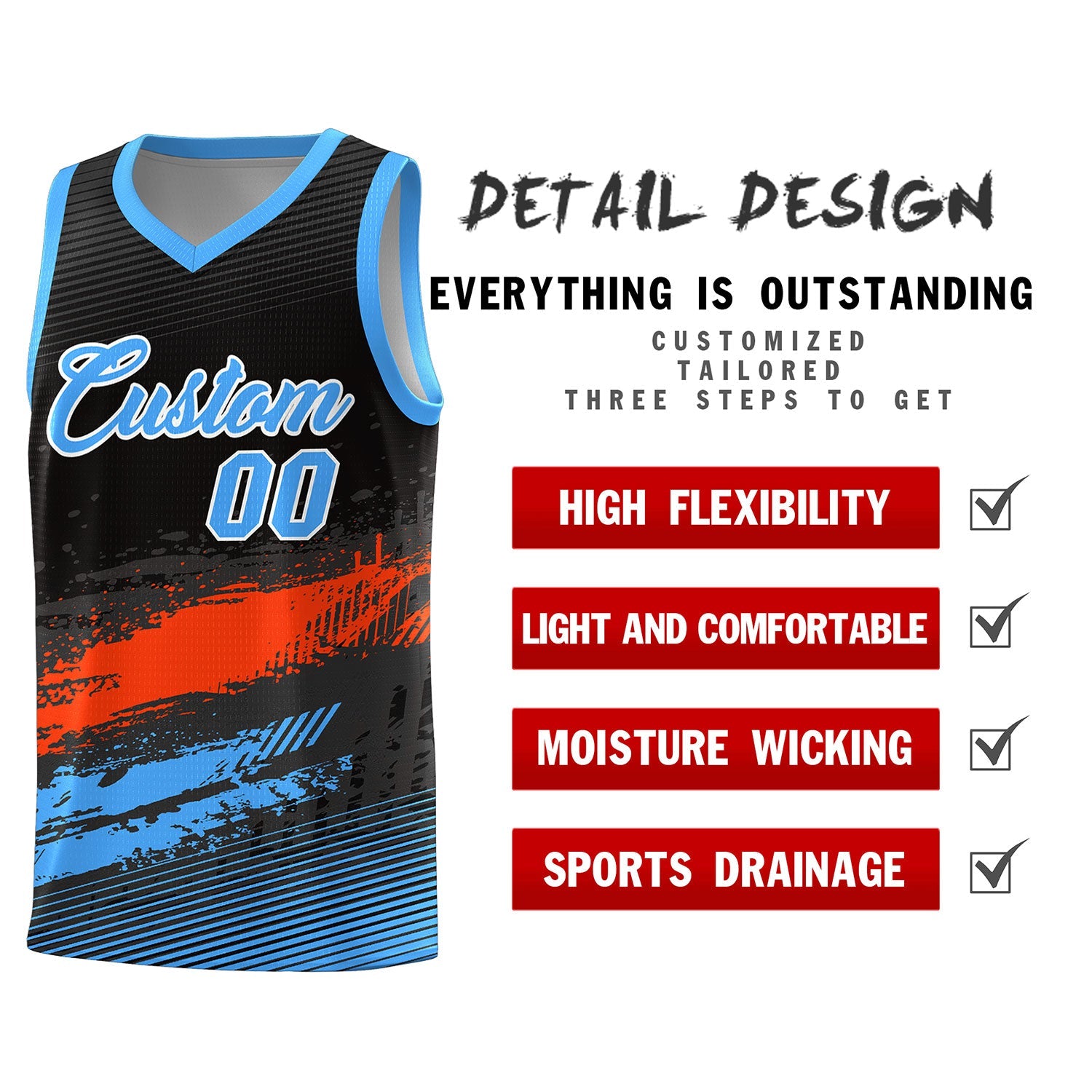 Custom Black Orange and Powder Blue Graffiti Pattern Sports Uniform Basketball Jersey