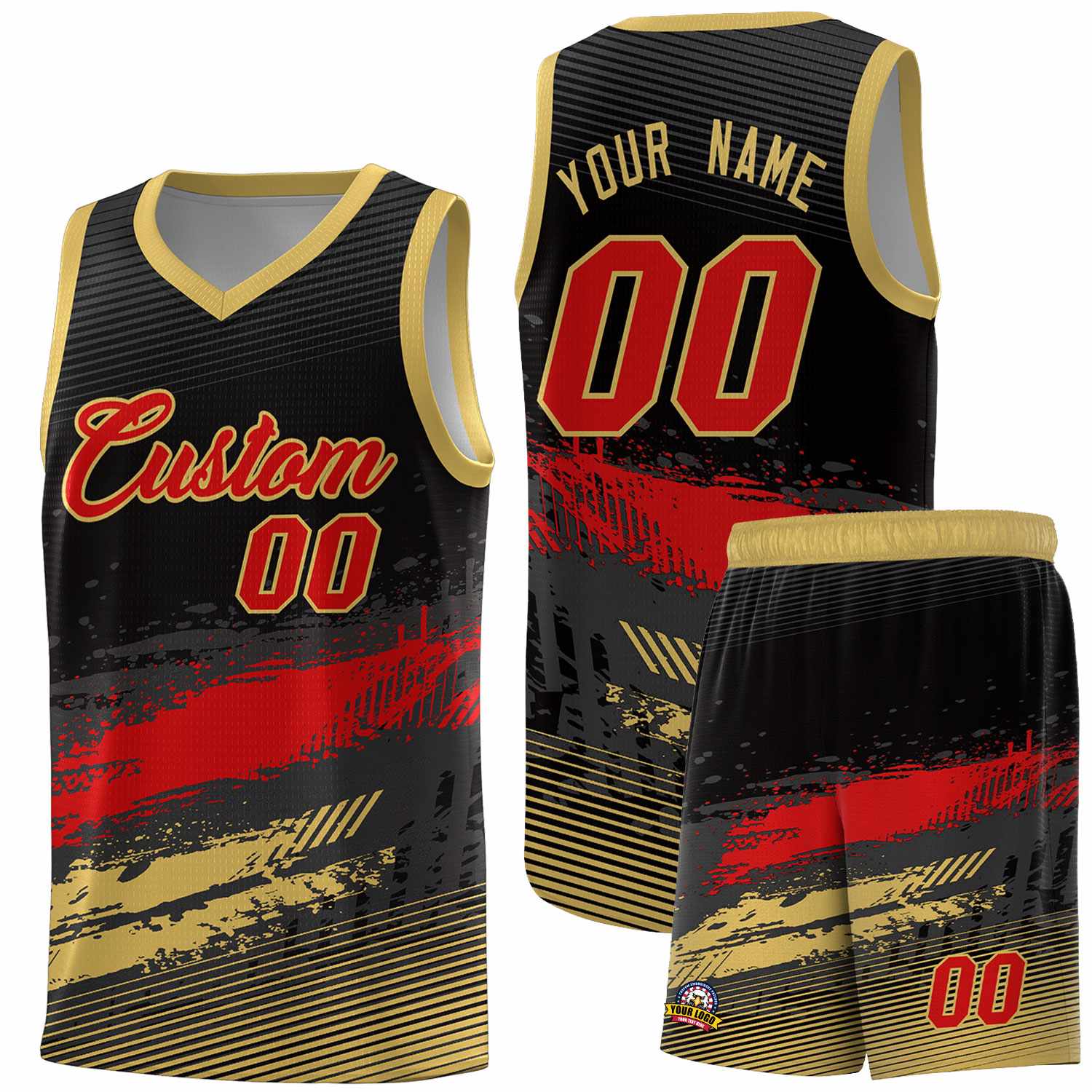 Custom Black Red and Khaki Graffiti Pattern Sports Uniform Basketball Jersey