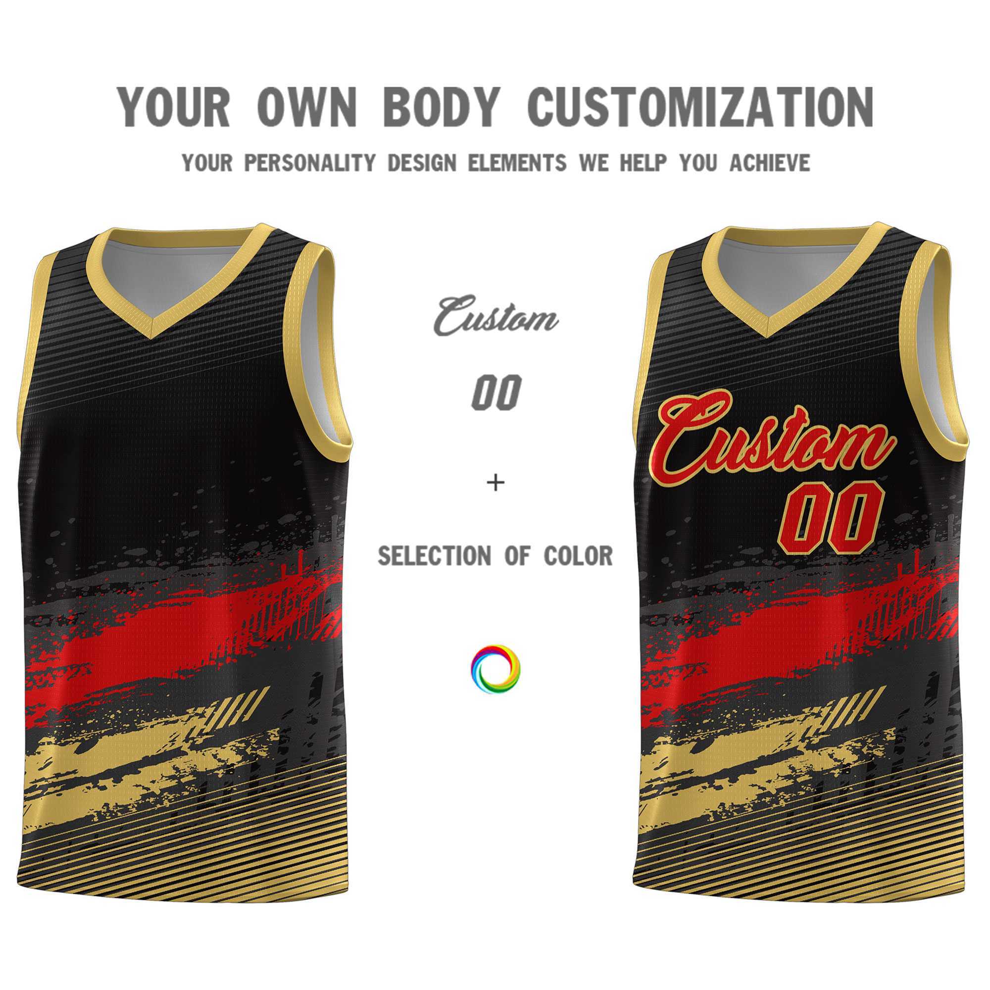 Custom Black Red and Khaki Graffiti Pattern Sports Uniform Basketball Jersey