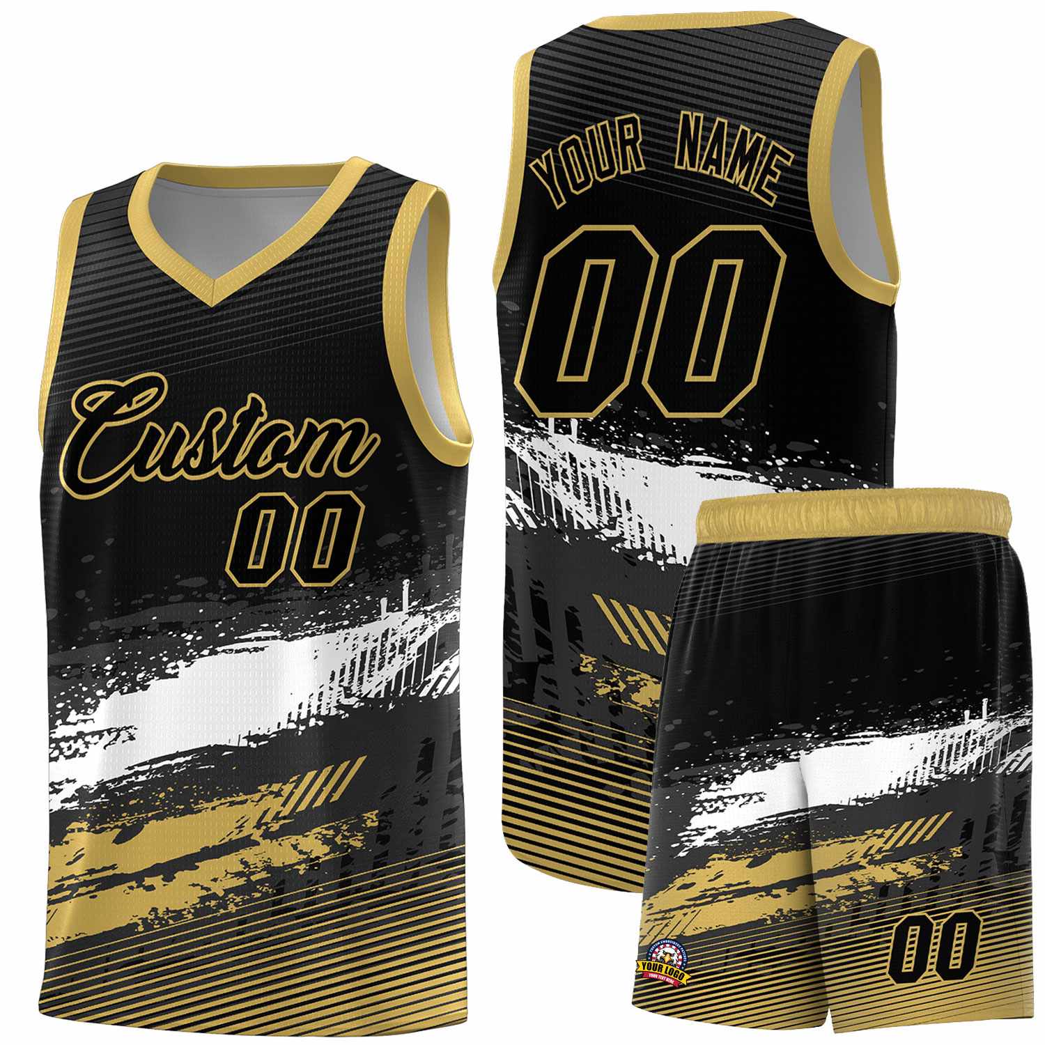 Custom Black White and Khaki Graffiti Pattern Sports Uniform Basketball Jersey