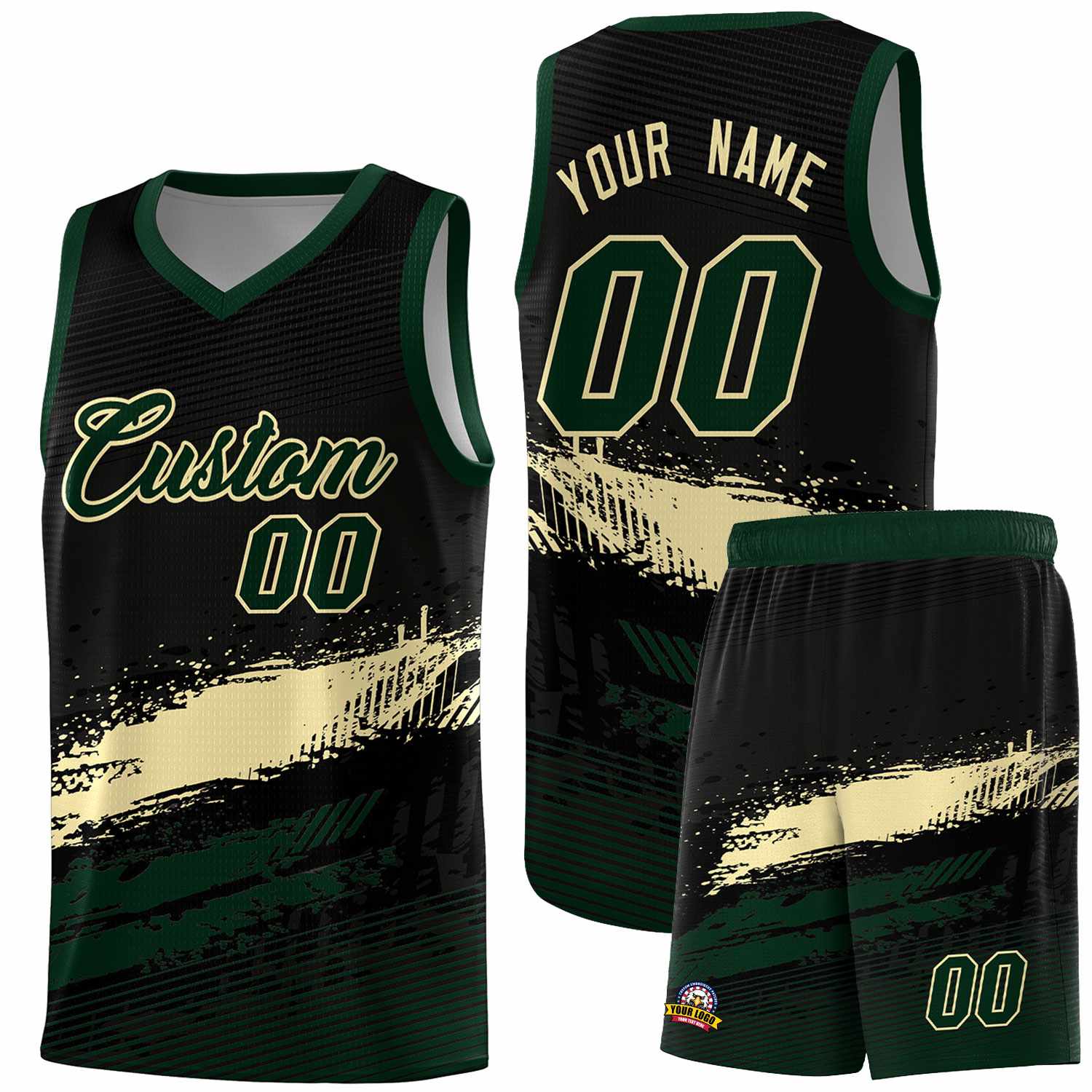 Custom Black Cream and Hunter Green Graffiti Pattern Sports Uniform Basketball Jersey