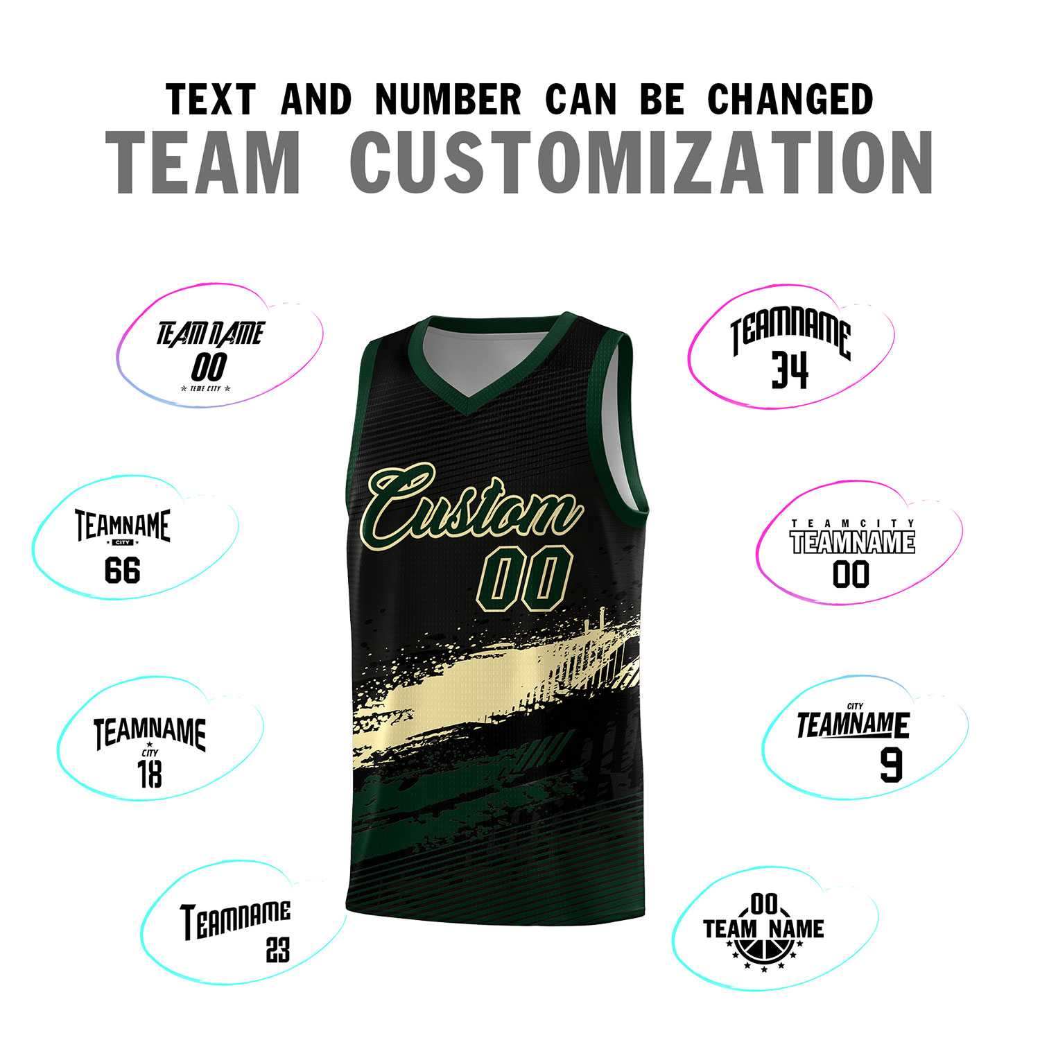 Custom Black Cream and Hunter Green Graffiti Pattern Sports Uniform Basketball Jersey