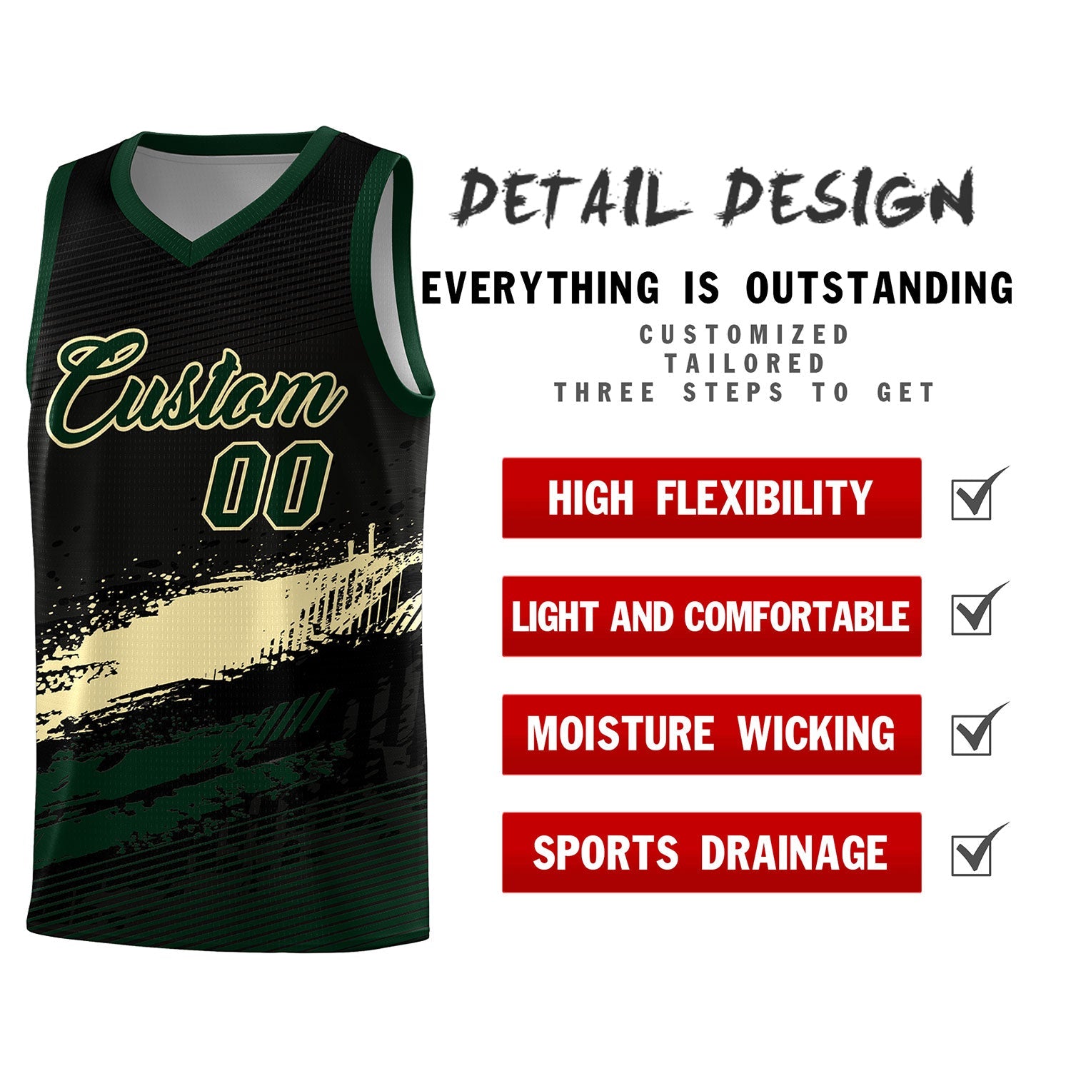 Custom Black Cream and Hunter Green Graffiti Pattern Sports Uniform Basketball Jersey