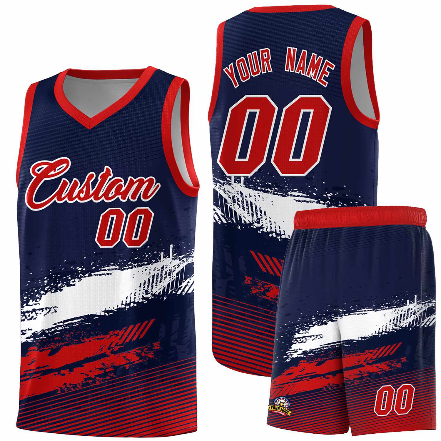 Custom Navy White and Red Graffiti Pattern Sports Uniform Basketball Jersey