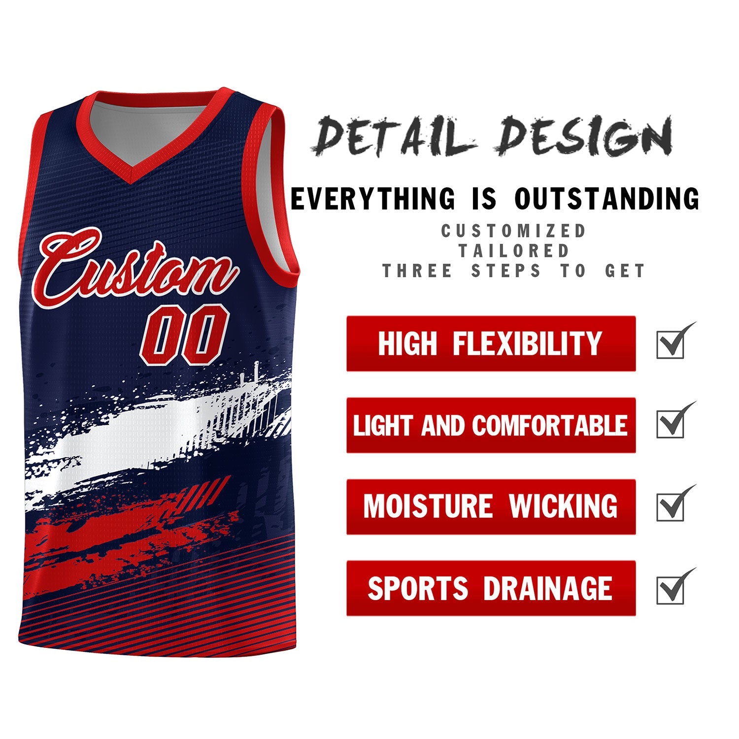 Custom Navy White and Red Graffiti Pattern Sports Uniform Basketball Jersey