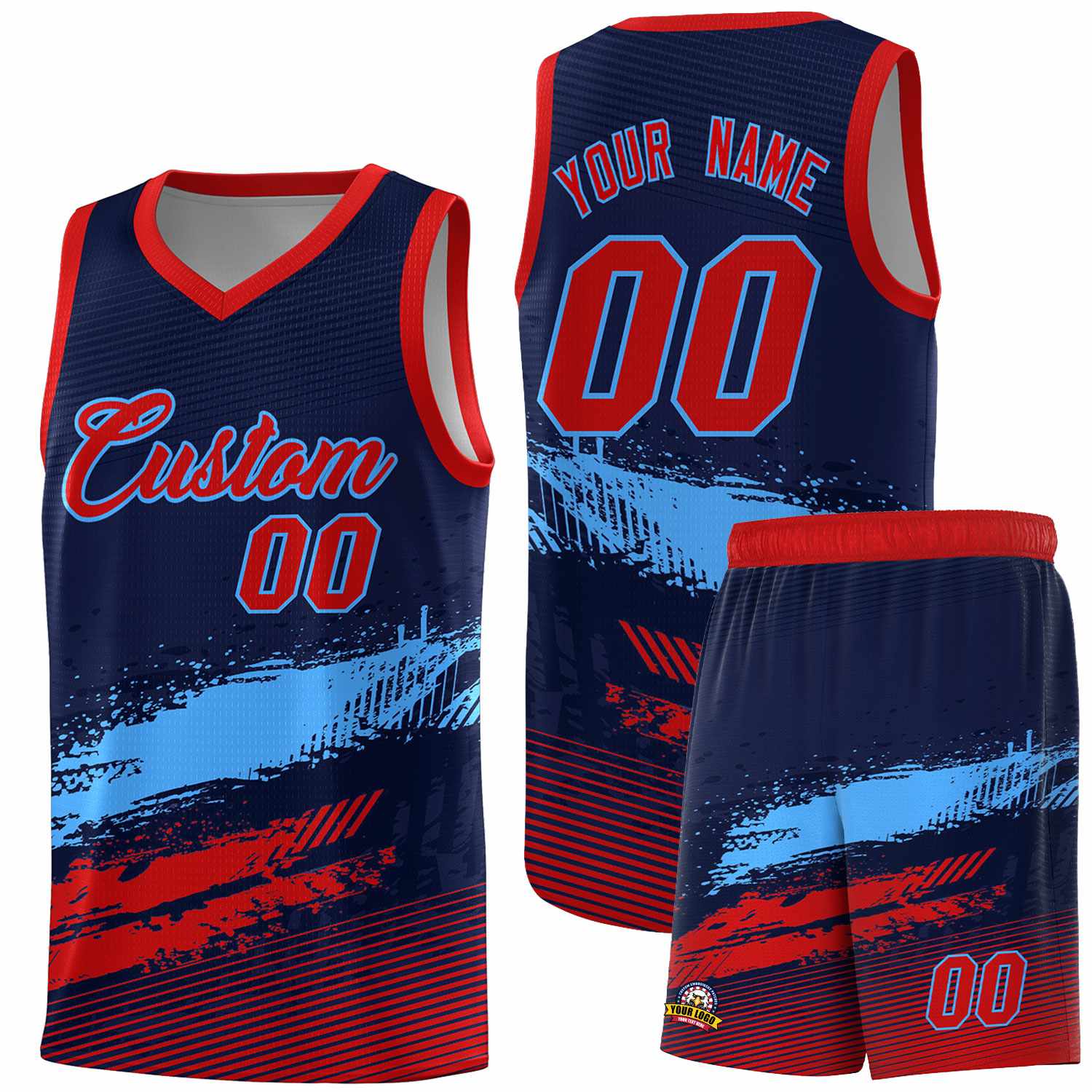 Custom Navy Powder Blue and Red Graffiti Pattern Sports Uniform Basketball Jersey