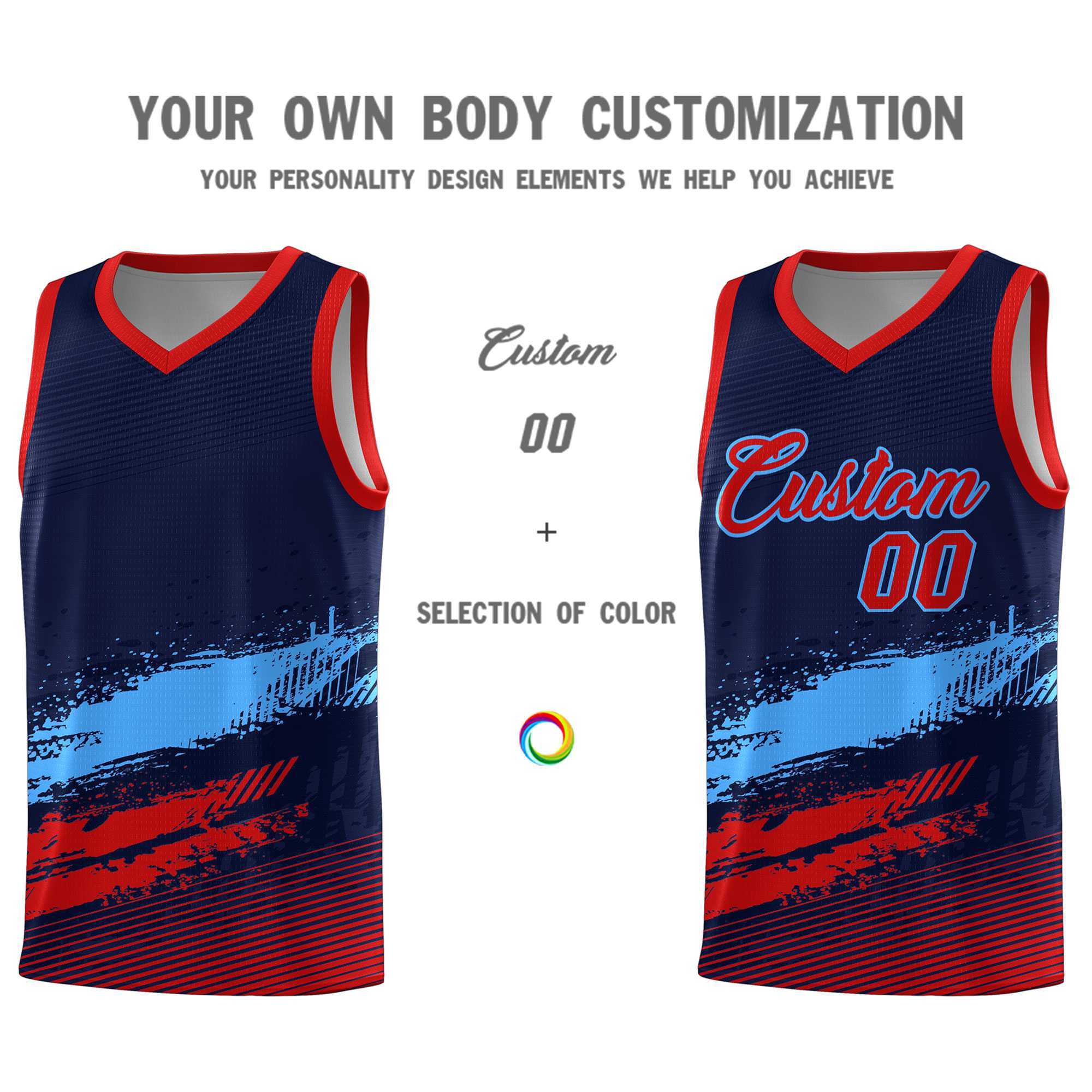 Custom Navy Powder Blue and Red Graffiti Pattern Sports Uniform Basketball Jersey